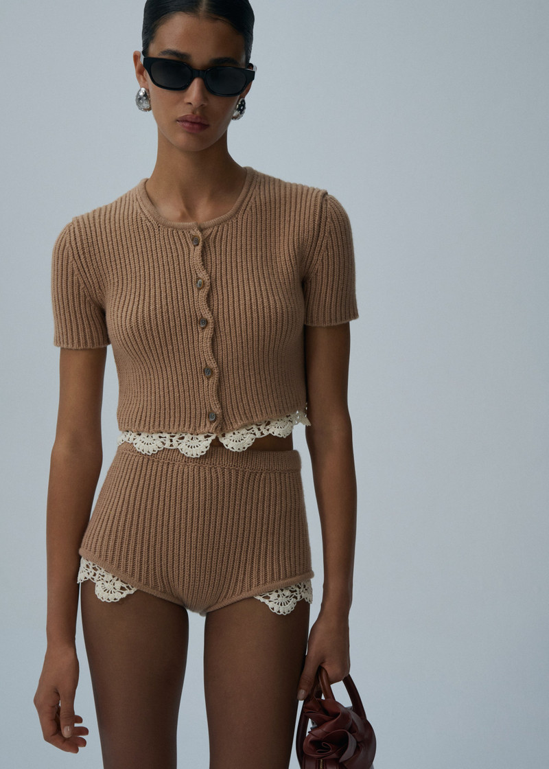 MAGDA BUTRYM Lace detail ribbed knitwear shorts in caramel outlook
