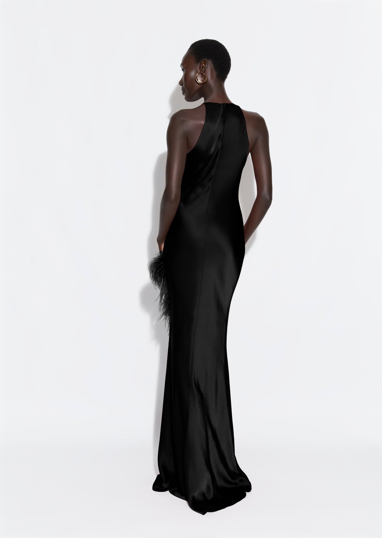 Satin Halter Gown With Feathers - 3