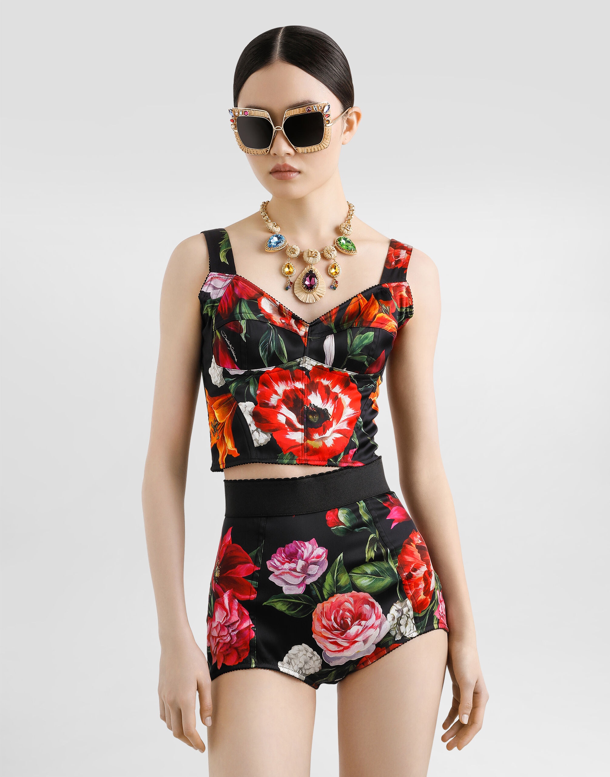 Flower-print satin corset - 4