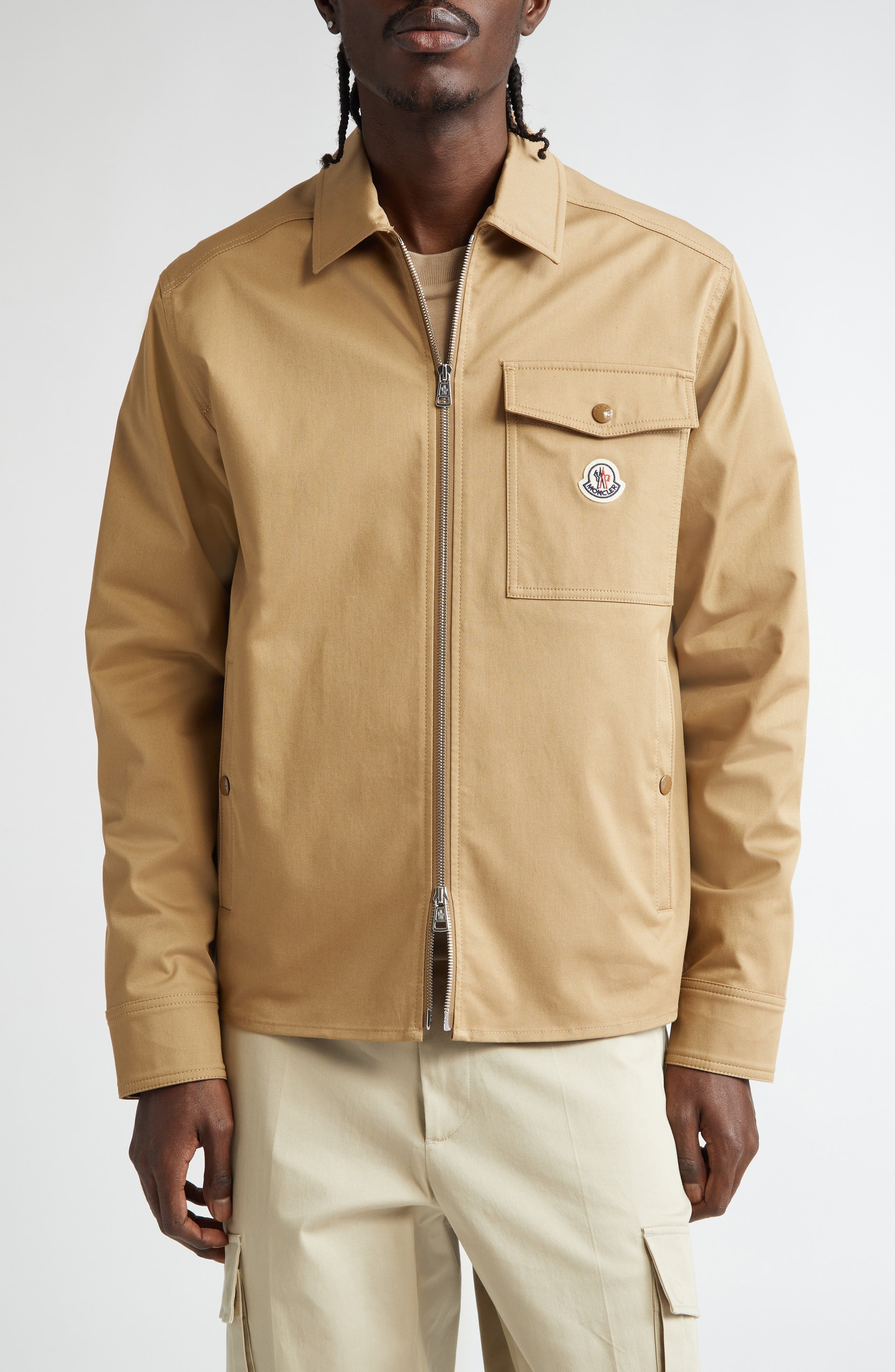 Moncler Camicia Stretch Cotton Zip Shirt Jacket in Caramel at Nordstrom - 1