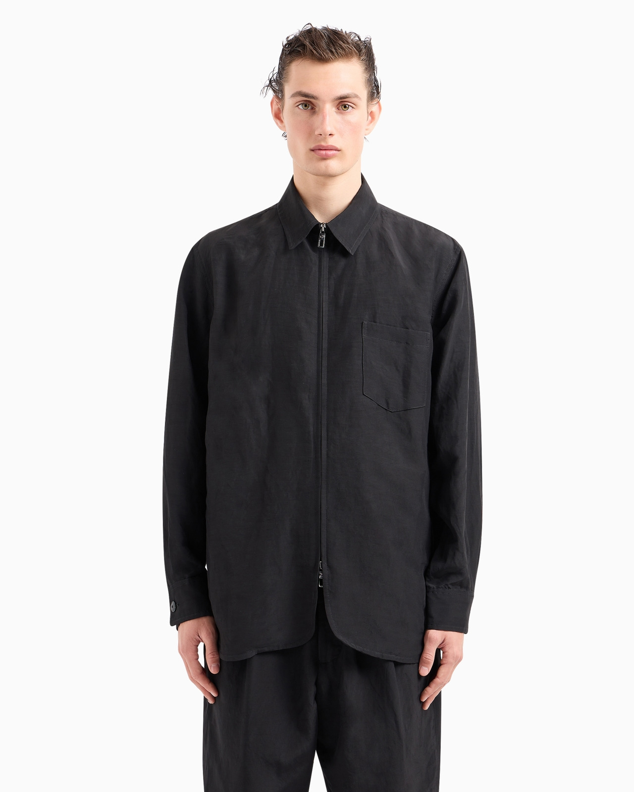 Viscose and linen canvas shirt jacket with zip - 2