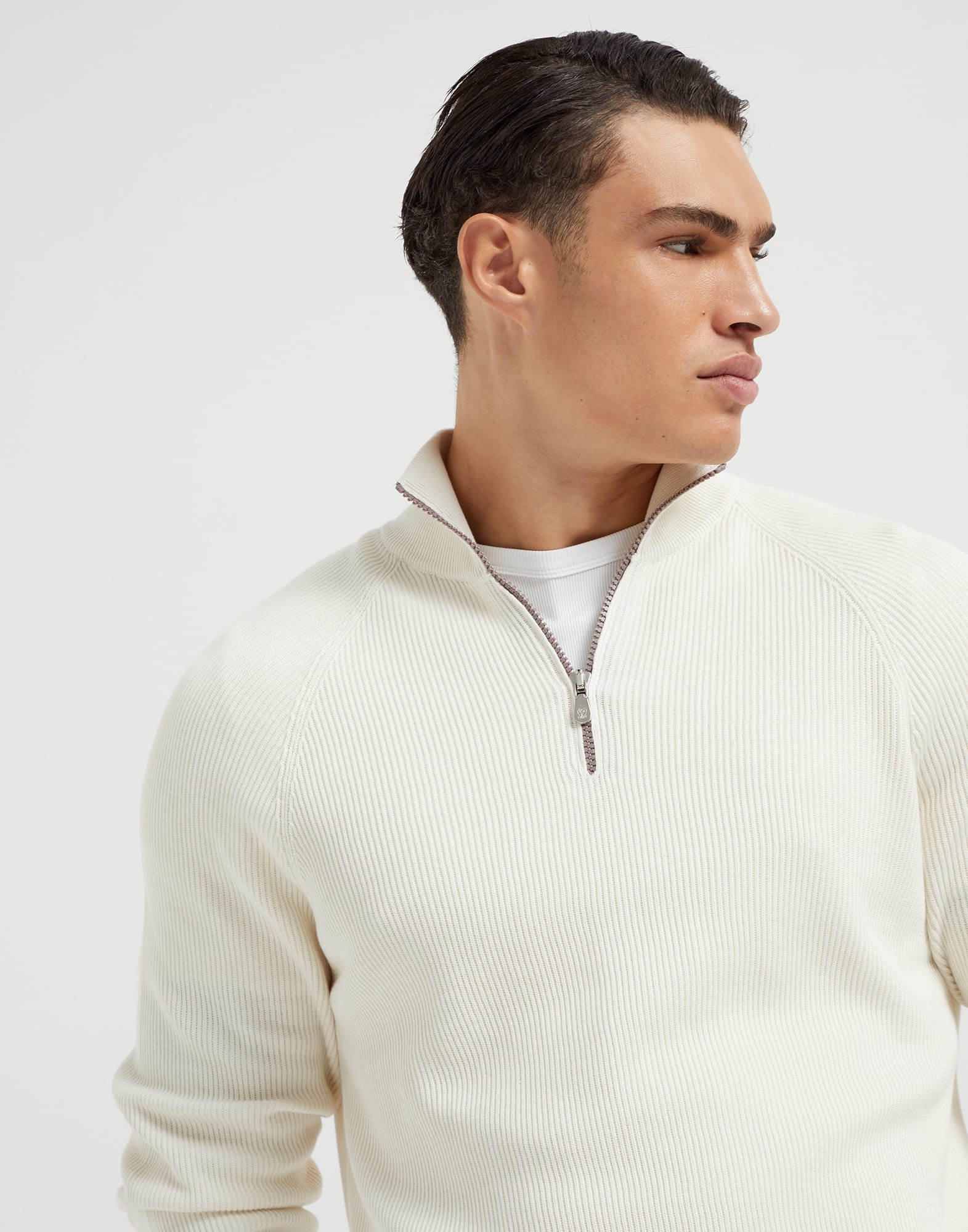 Cotton English rib sweater with half zip and raglan sleeves - 3