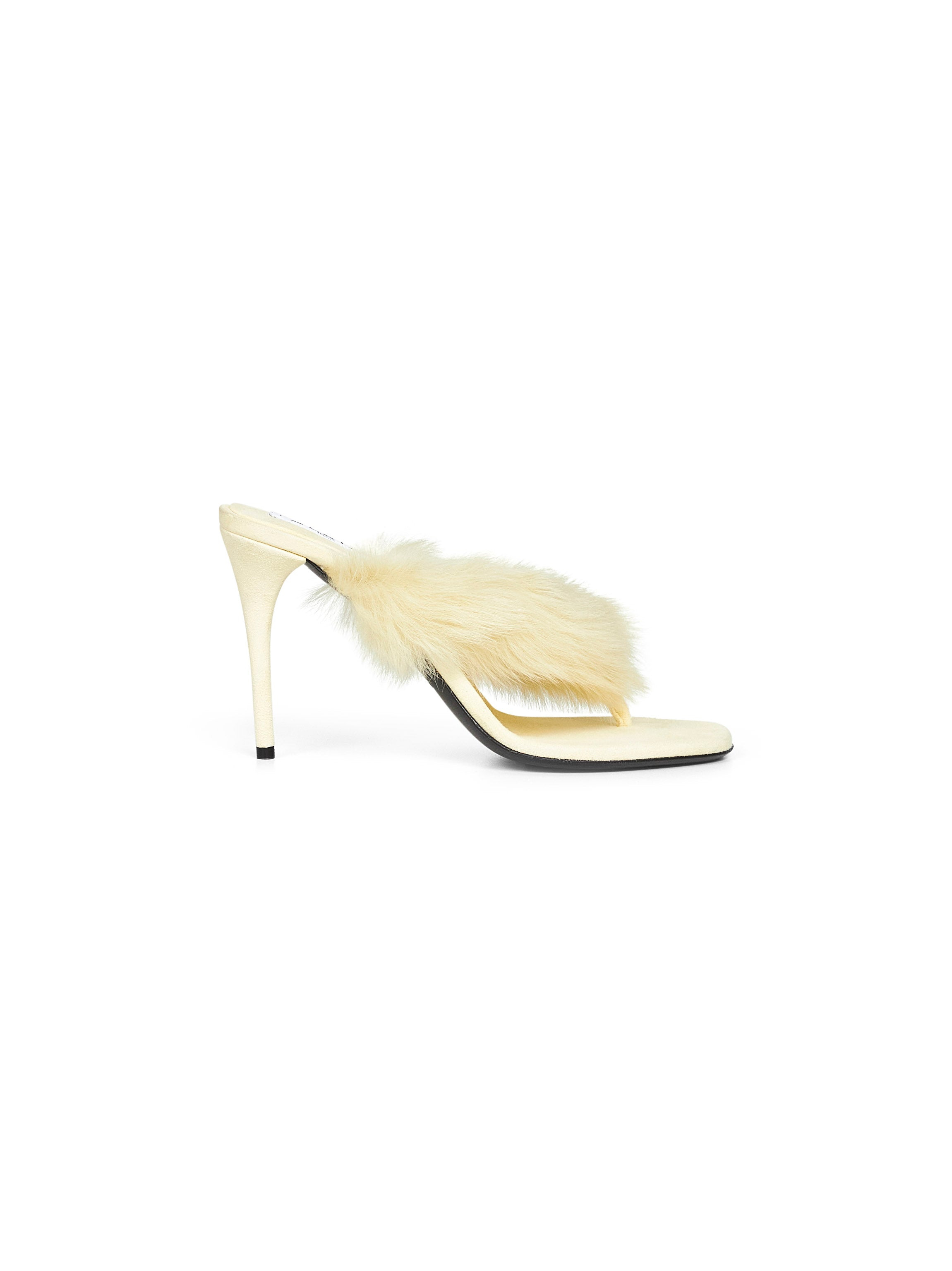 Yellow long-haired lambskin leather thong mules - 1
