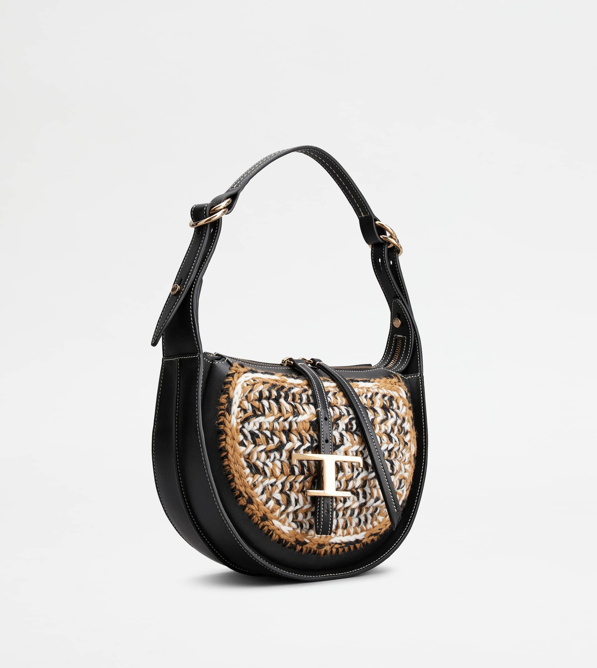 T TIMELESS HOBO BAG IN LEATHER AND WOOL SMALL - BLACK, BROWN - 3