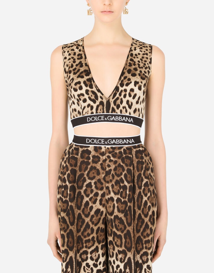 Leopard-print charmeuse top with branded elastic - 1