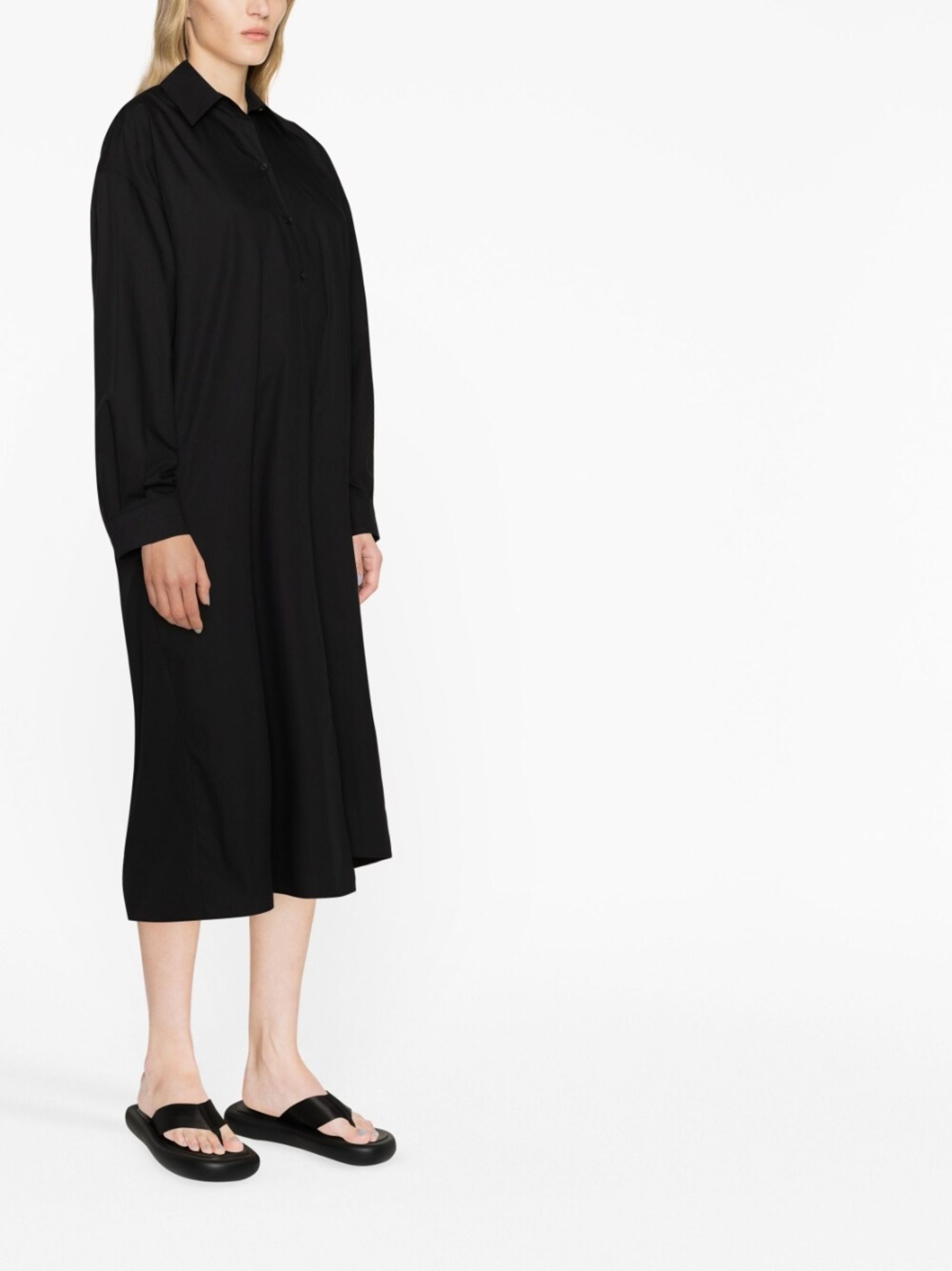 Black Draped Cotton Shirt Dress - 4