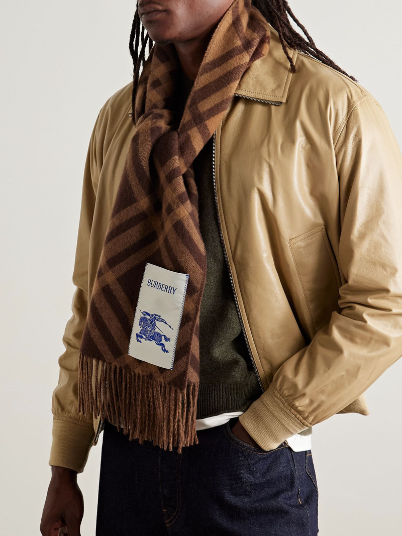 Burberry Logo-Appliquéd Fringed Checked Cashmere Scarf Brown outlook