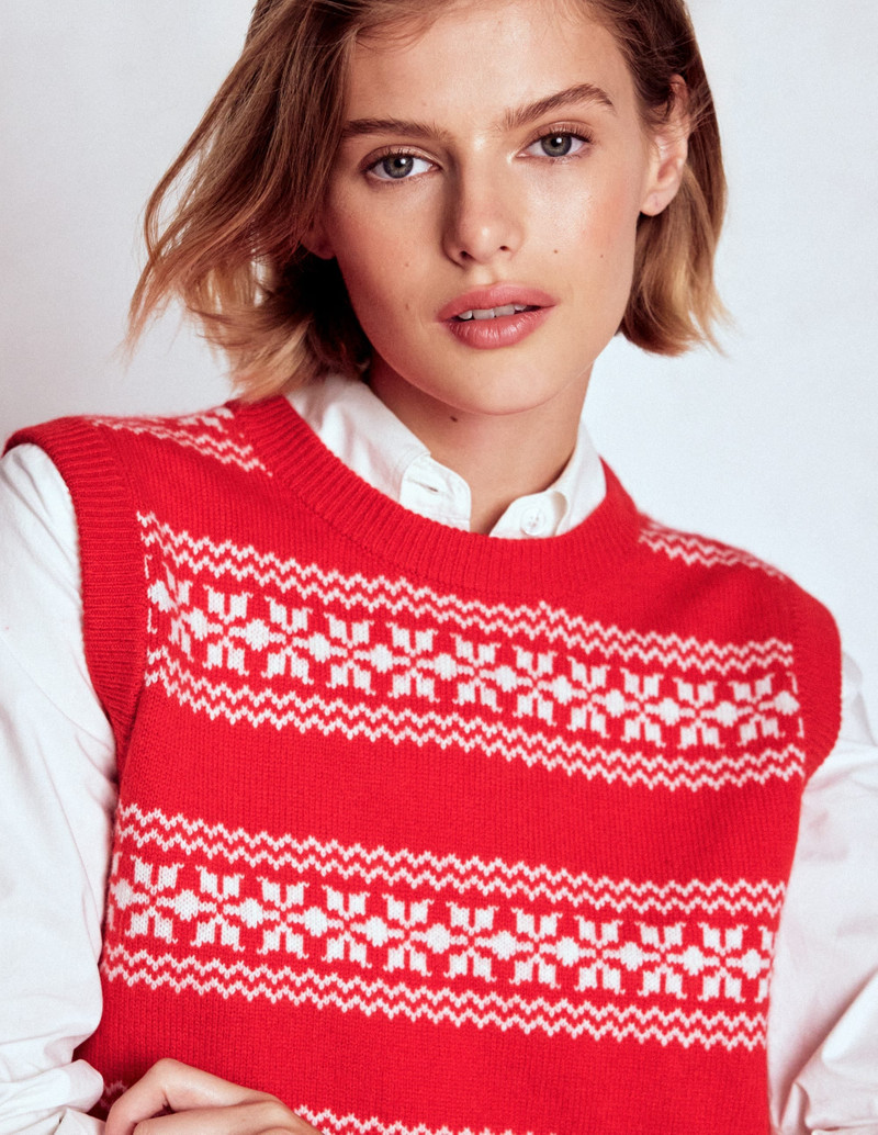 Edie Fair Isle Vest-Poppy Red, Warm Ivory 4