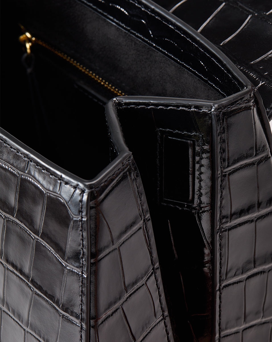 CROC-EMBOSSED CREST LOCK TOP HANDLE BAG - 5