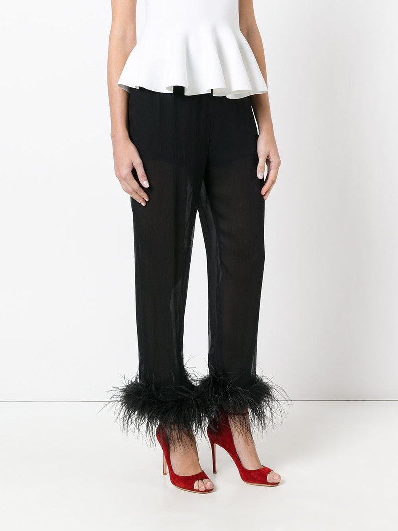 sheer effect trousers with Ostrich feather cuffed ankles 3