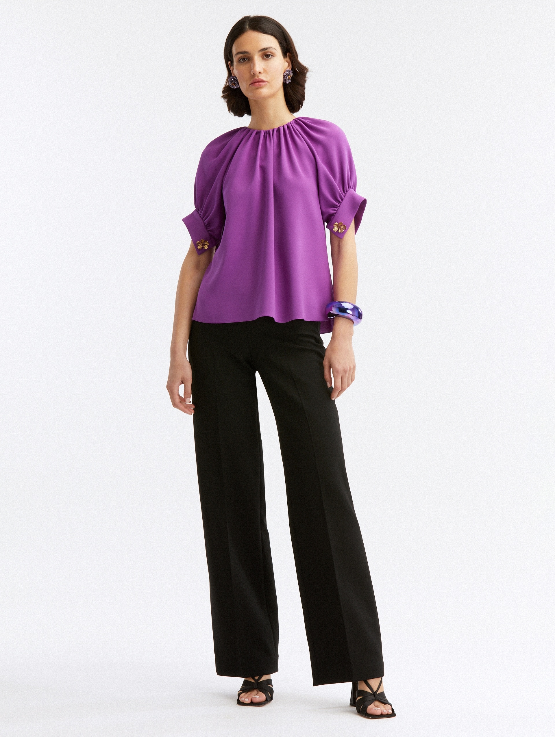 JEWEL NECK GATHERED BLOUSE - 3