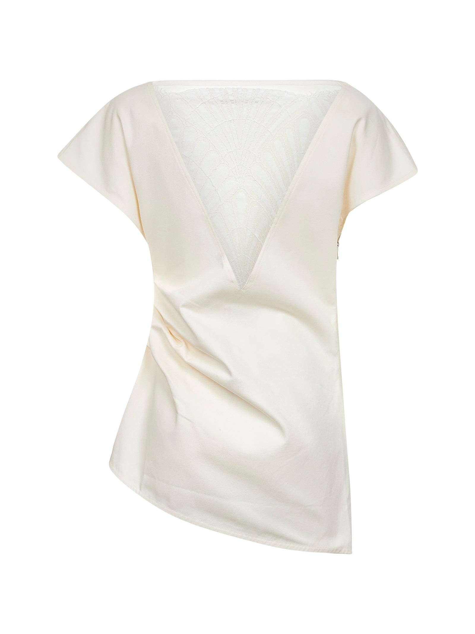 Ivory cotton twill asymmetric top with lace insert - 2