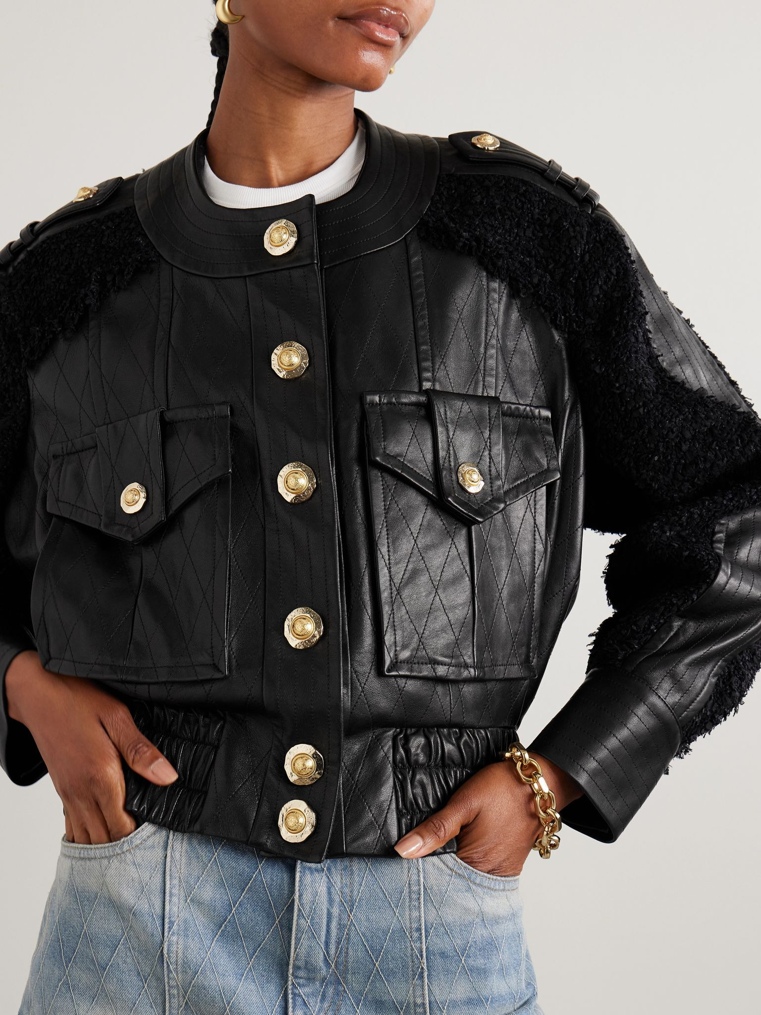 Quilted leather and tweed bomber jacket Black - 3
