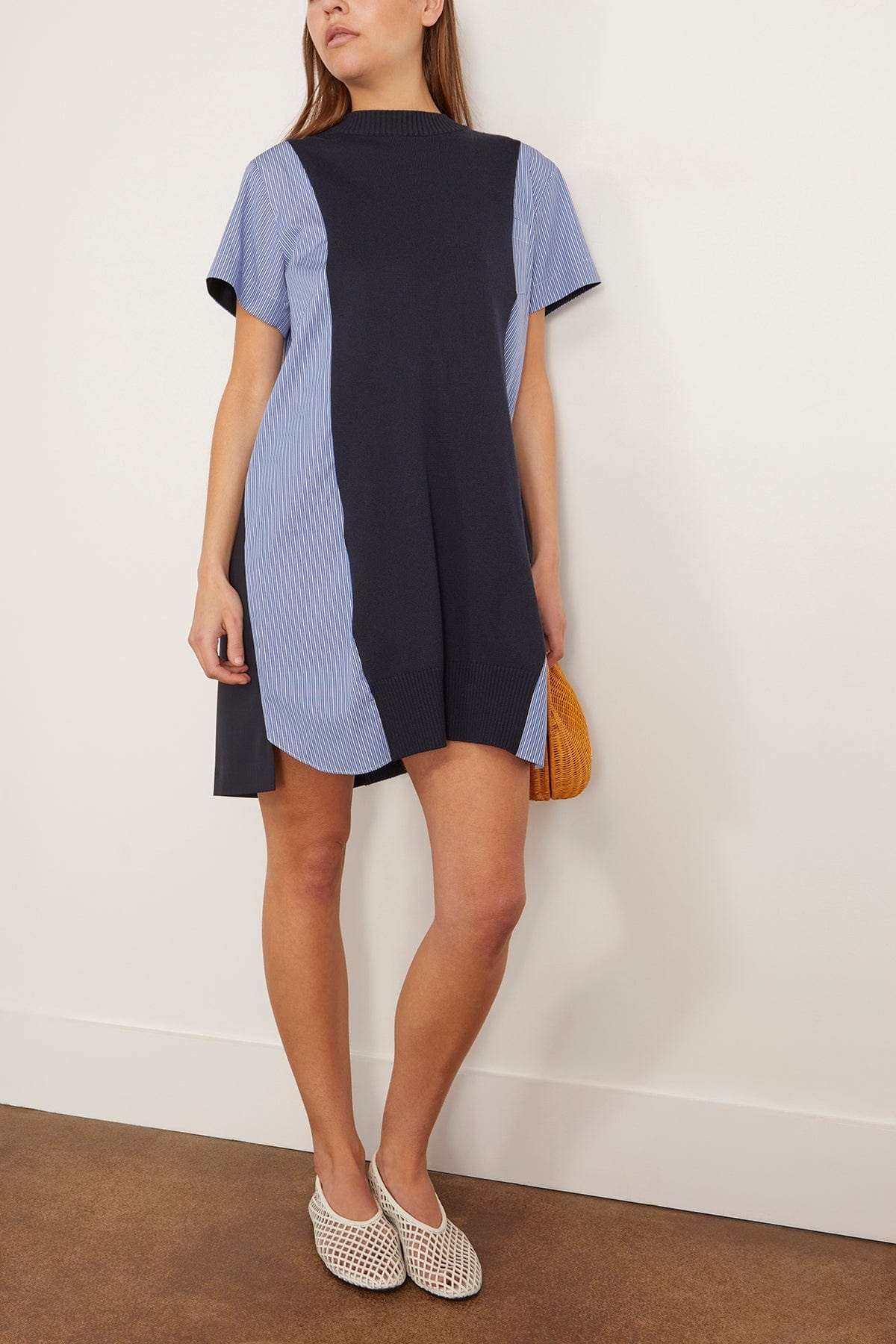sacai Poplin x Knit Dress in Navy and Blue Stripes