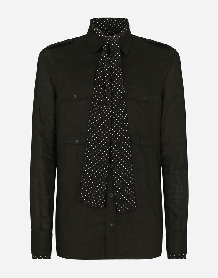 Multi-pocket linen shirt with silk scarf - 3