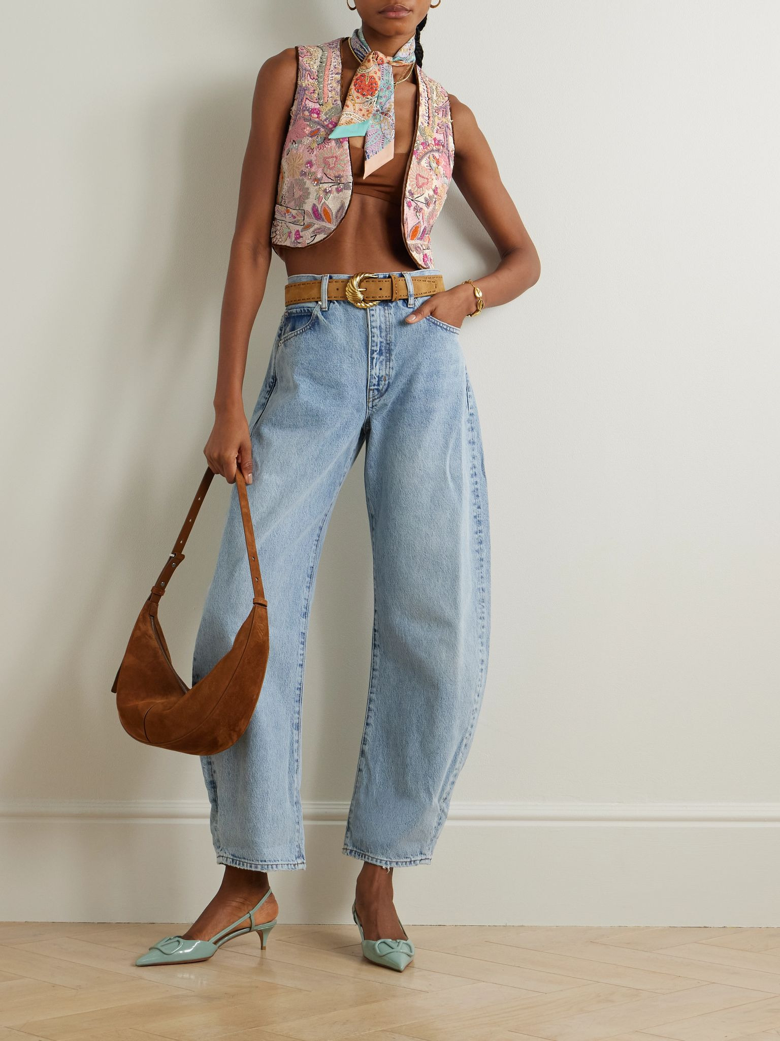 Cropped embellished linen-bouclé vest Pink - 2