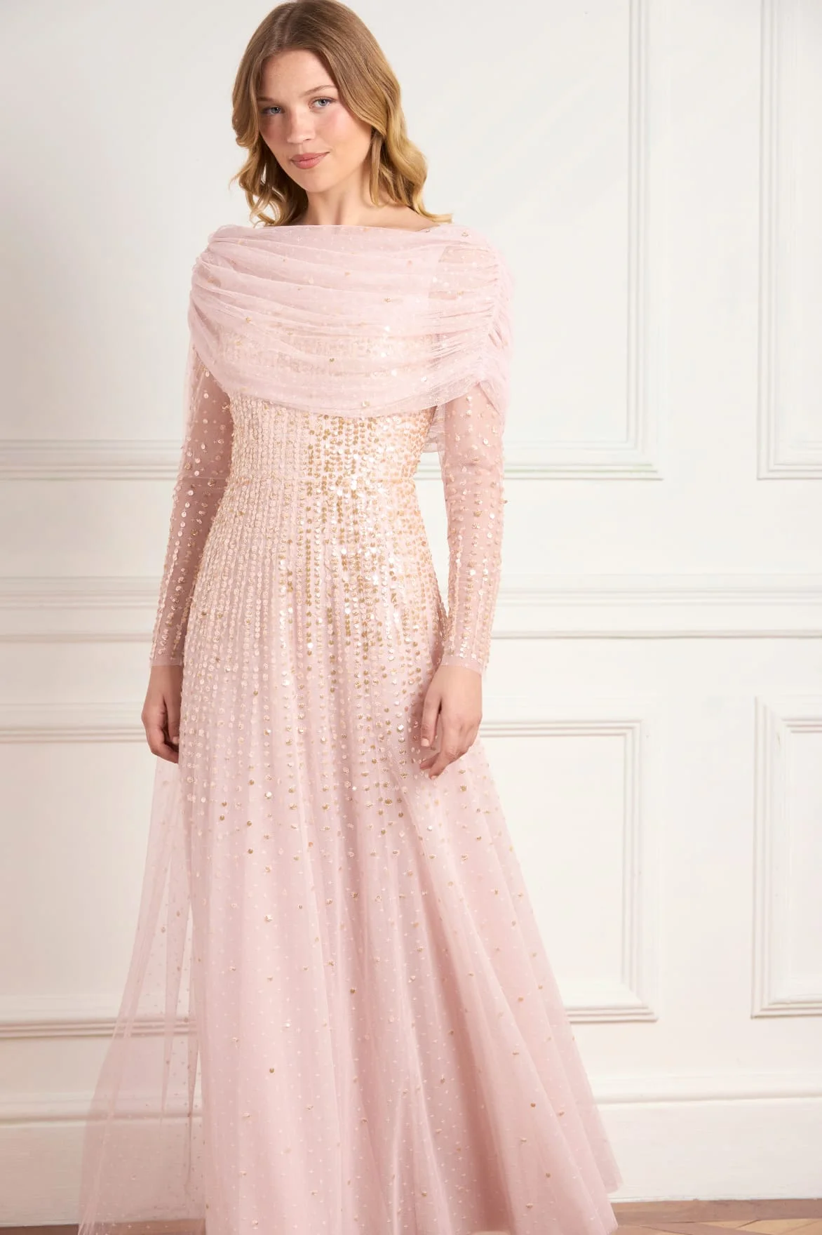 Moonlight Sequin Draped Long Sleeve Gown - 1