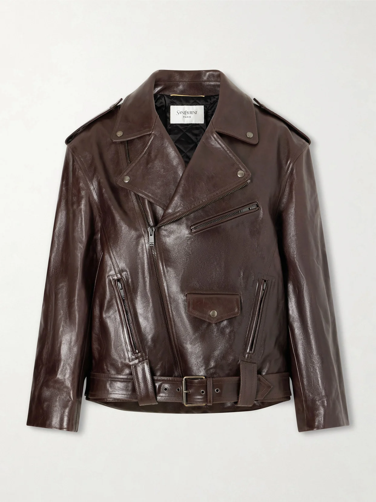 Glossed Textured-leather Biker Jacket - 1