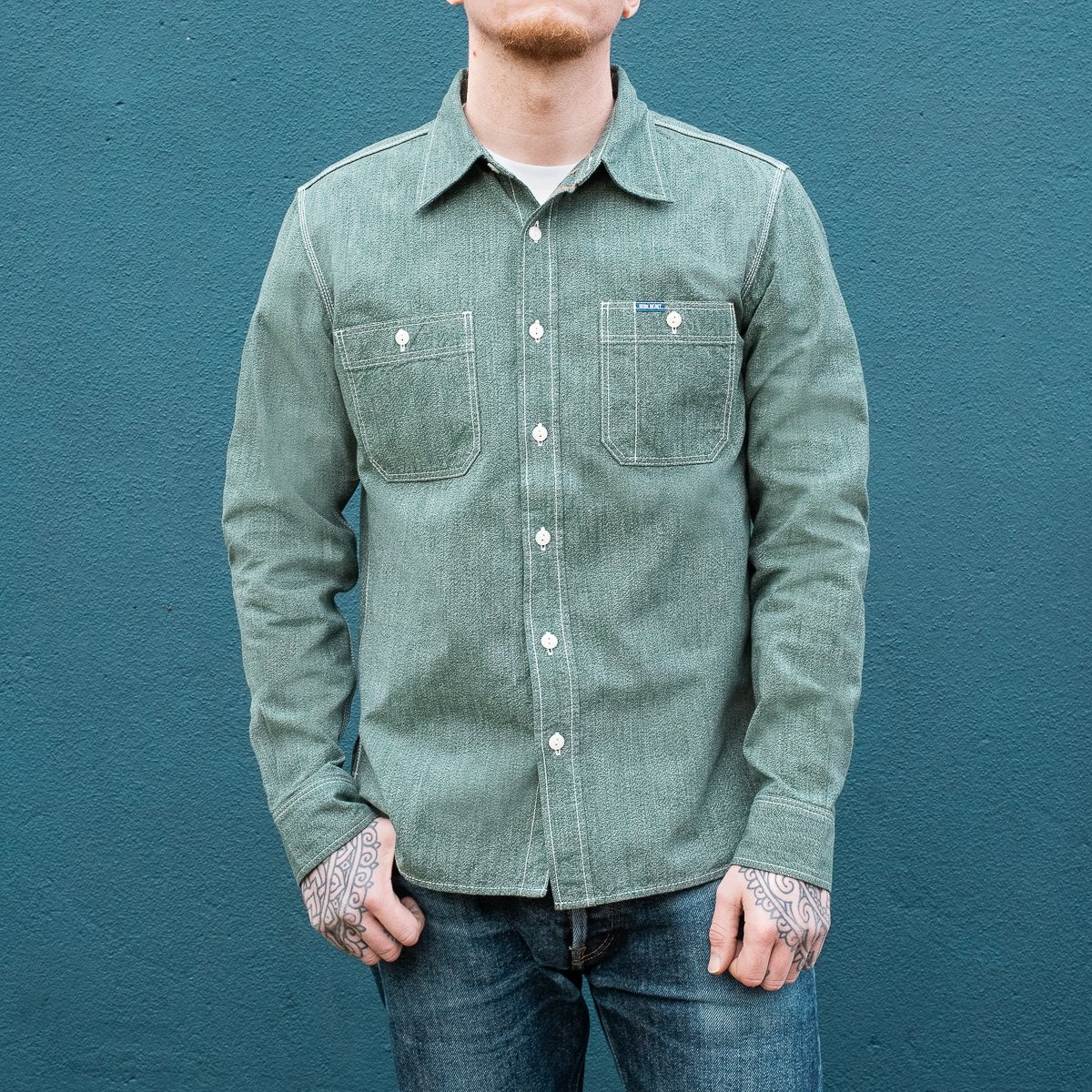 IHSH-290-GRN 10oz Mock Twist Selvedge Chambray Work Shirt - Green 'The Salt and Jalapeño' - 4