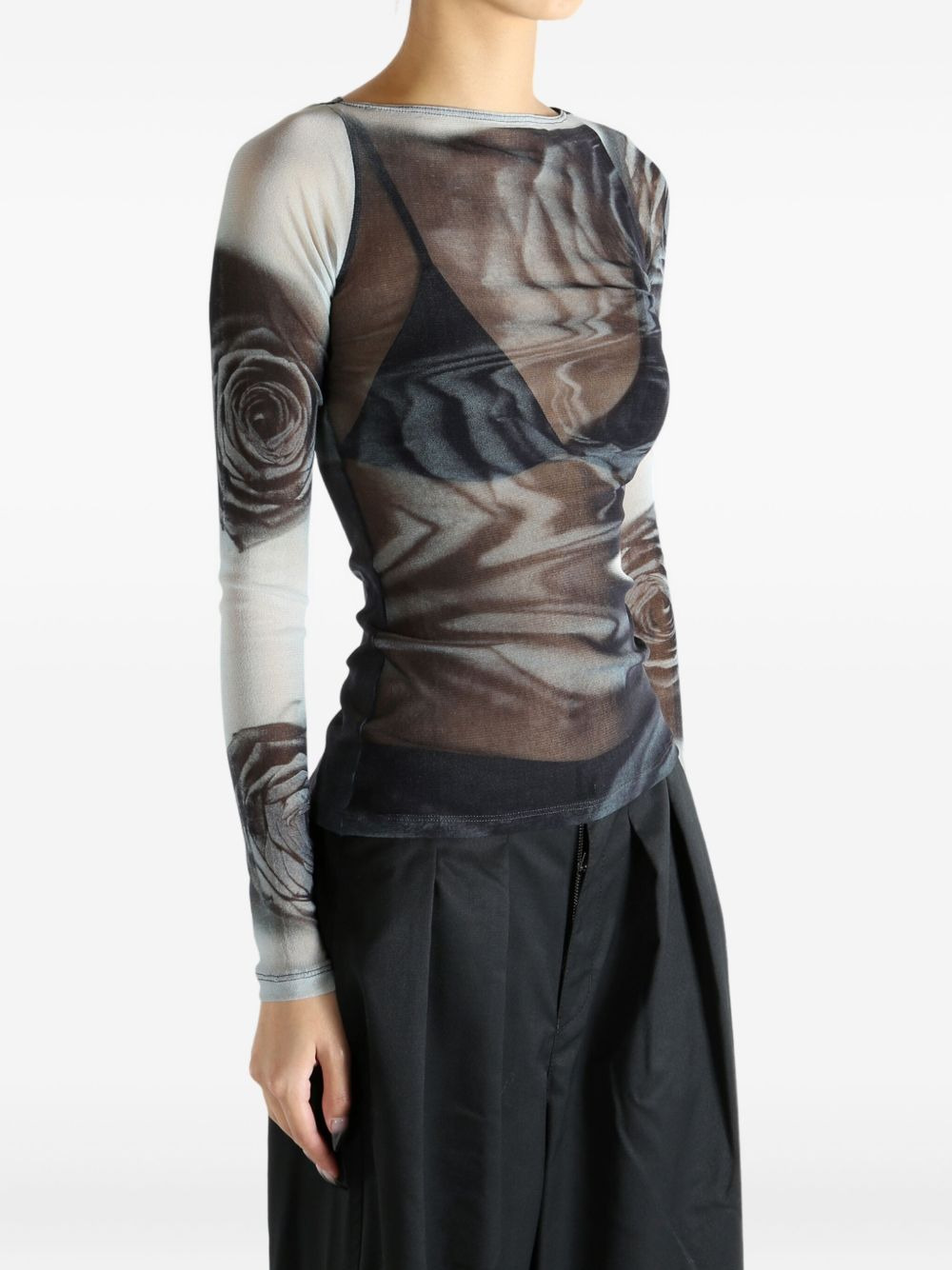 rose-print mesh top - 3