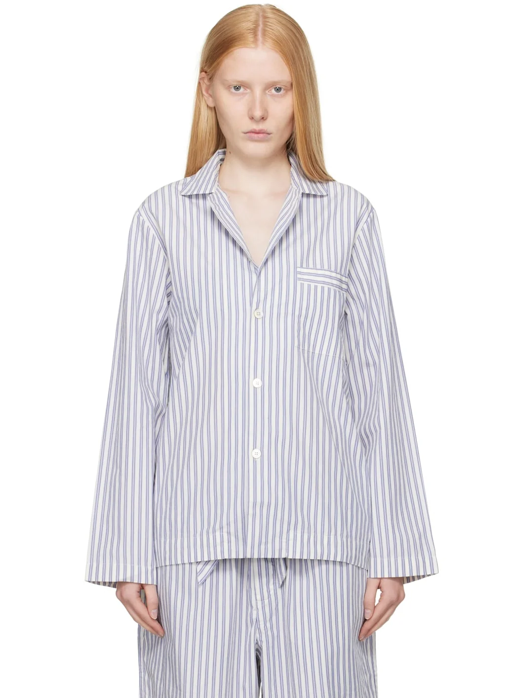 White & Blue Poplin Long-Sleeved Pyjama Shirt - 1