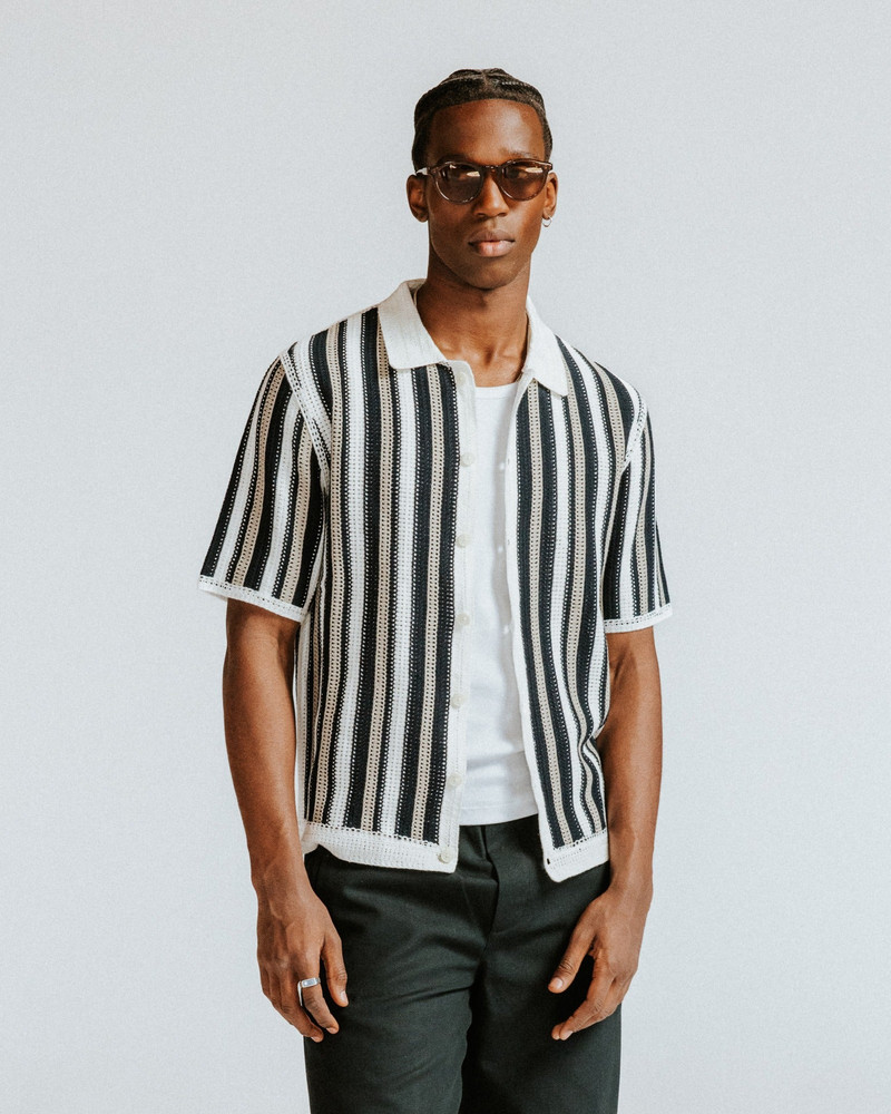 Wax London Porto - Ecru And Black Stripe Crochet Knitted Shirt outlook