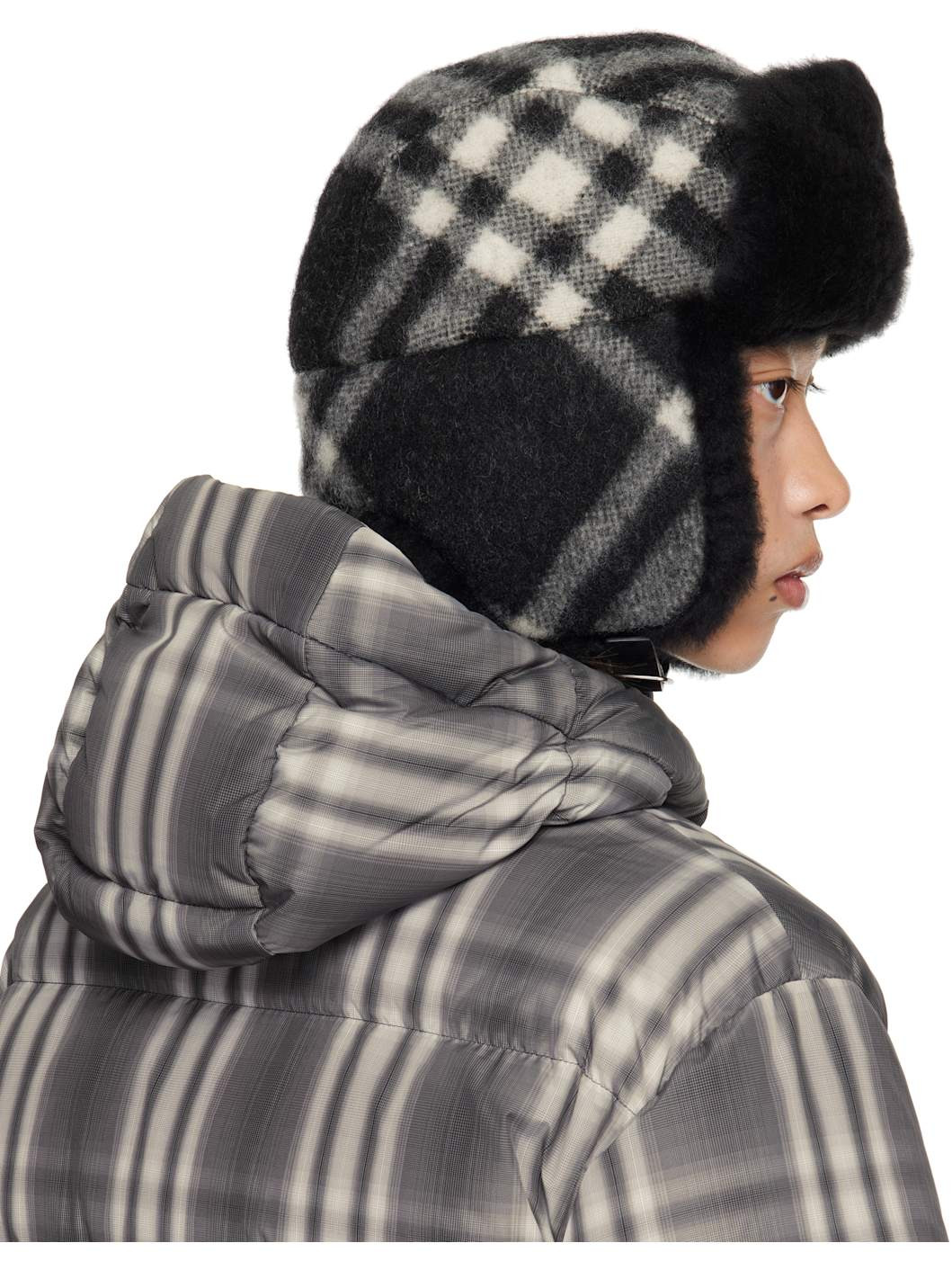 Black & Off-White Check Wool Trapper Hat - 3