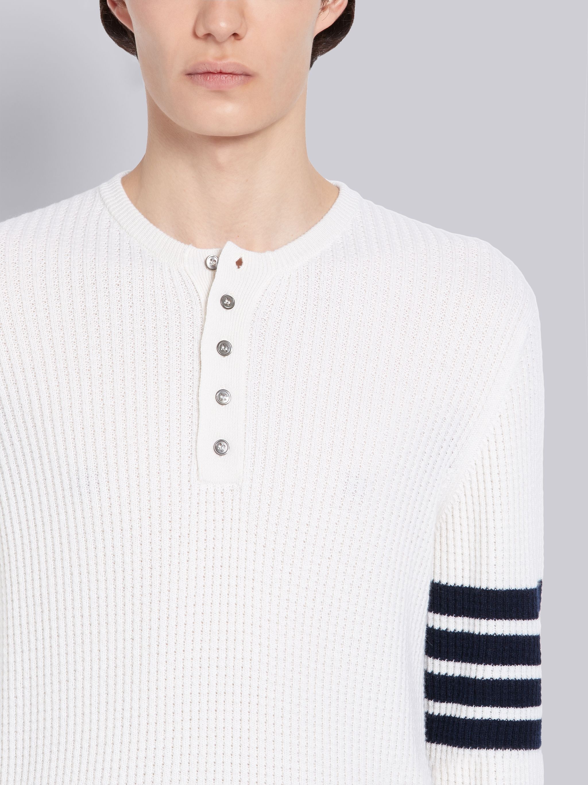 White Cashmere Waffle Stitch 4-Bar Stripe Henley - 5