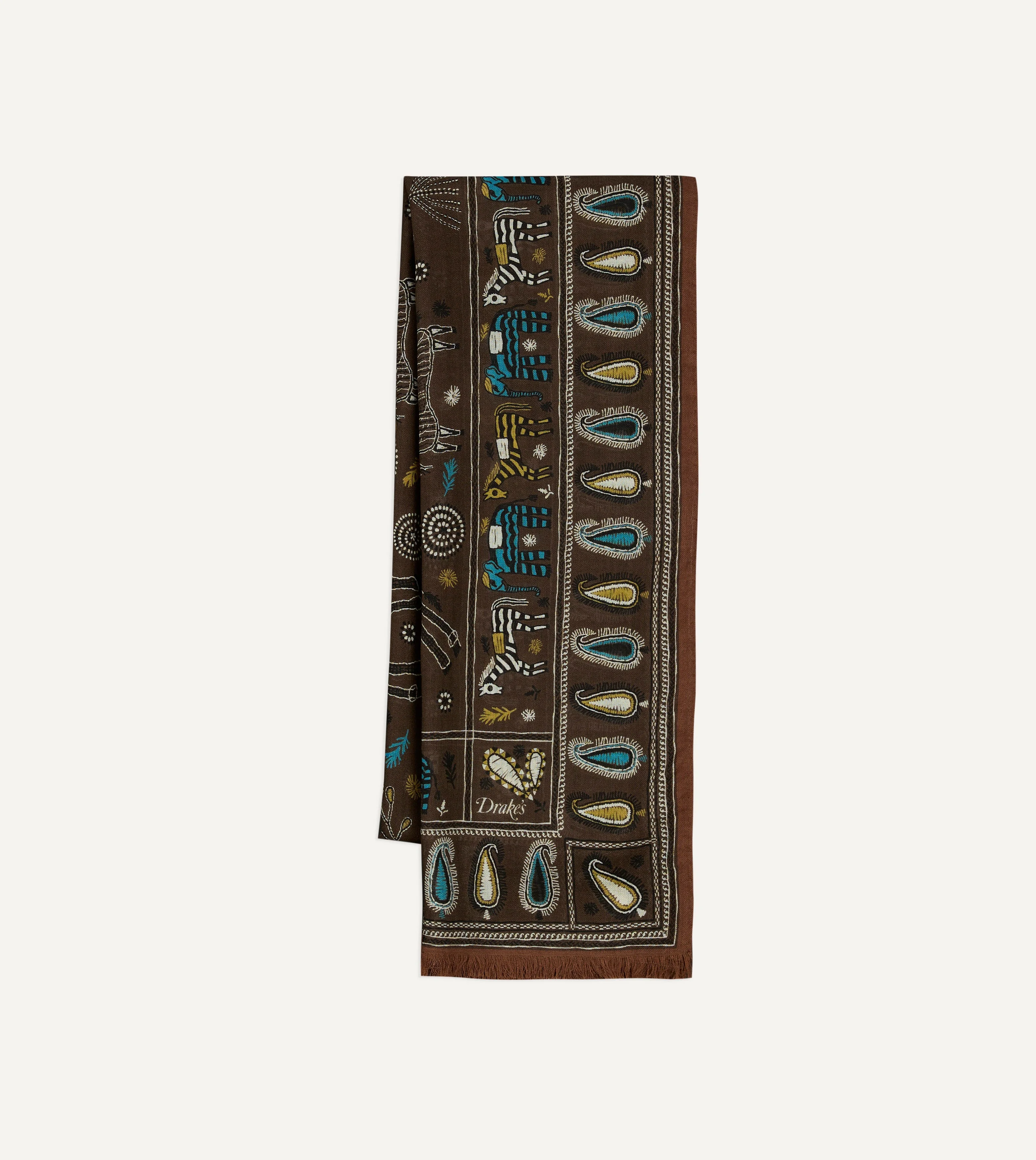 Brown Rustic Elephant Print Wool-Silk Scarf - 1