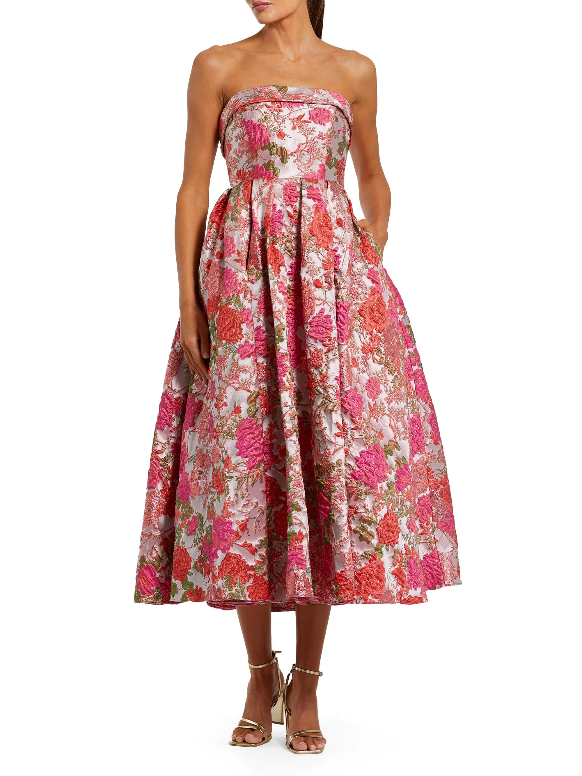 Women's Floral Brocade Fit-&-Flare Strapless Midi-Dress - Pink Multi - 1
