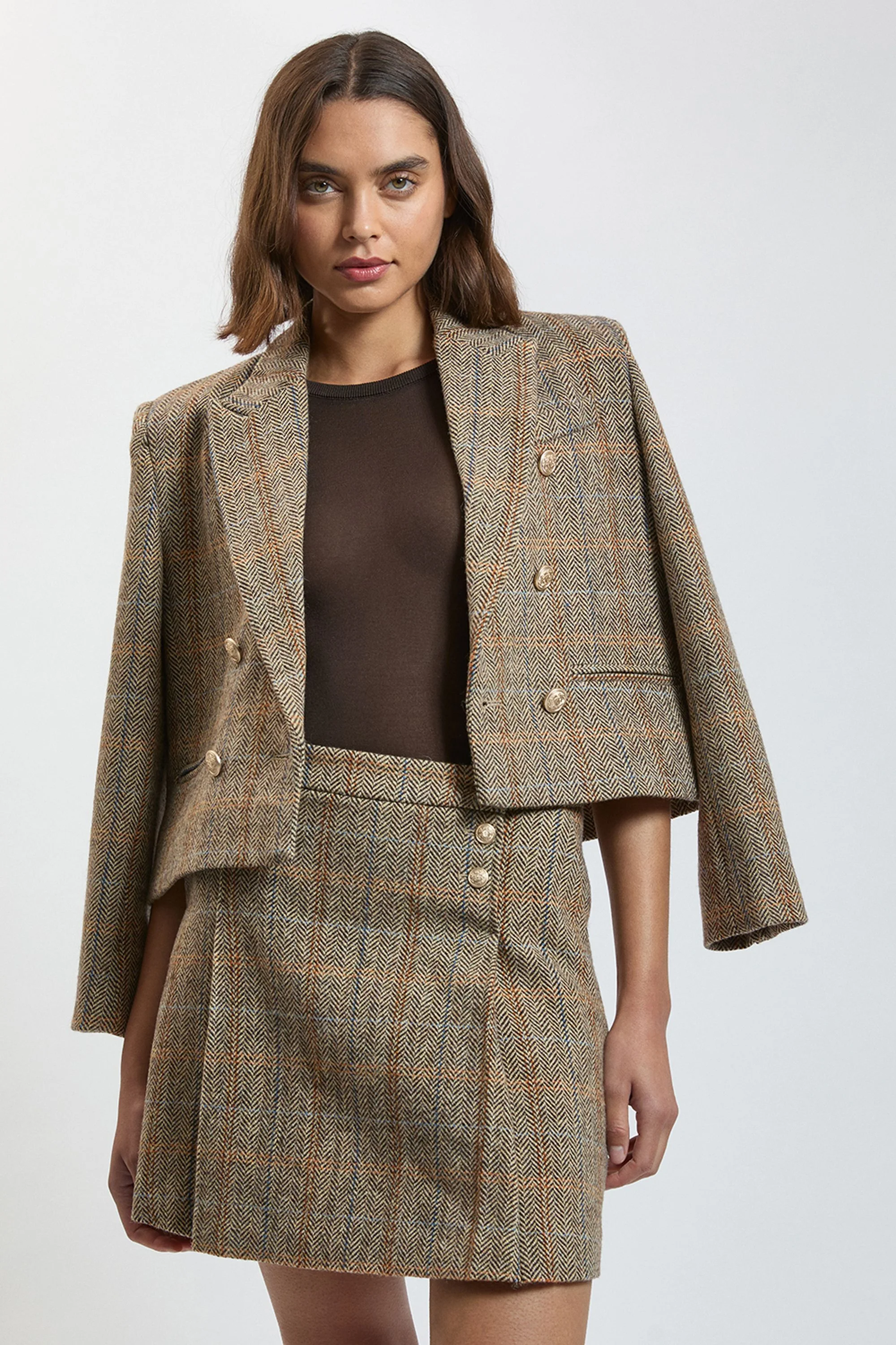Wool Check Pleat Mini Skirt - 1