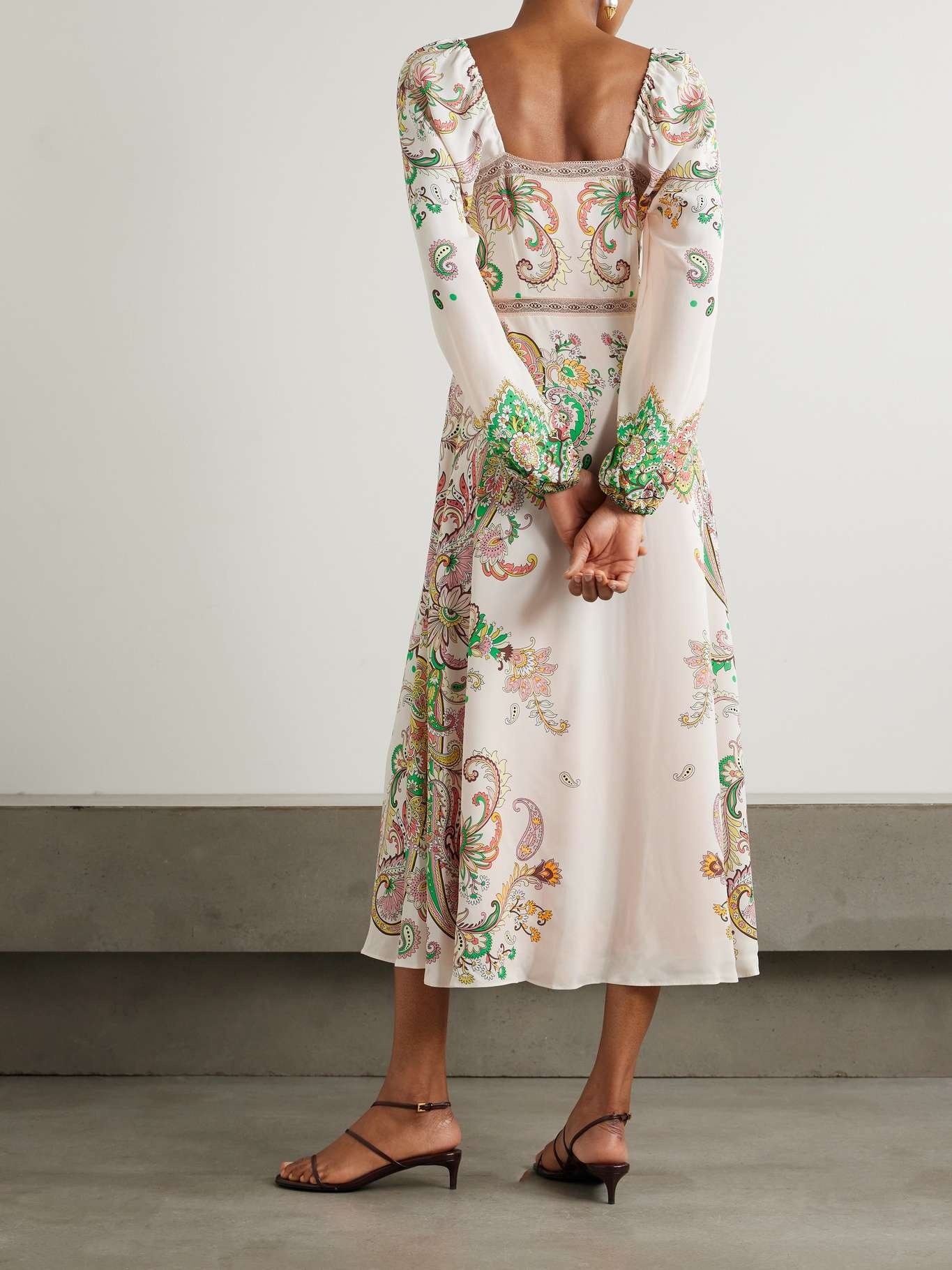 Lace-trimmed printed crepe de chine midi dress White - 3