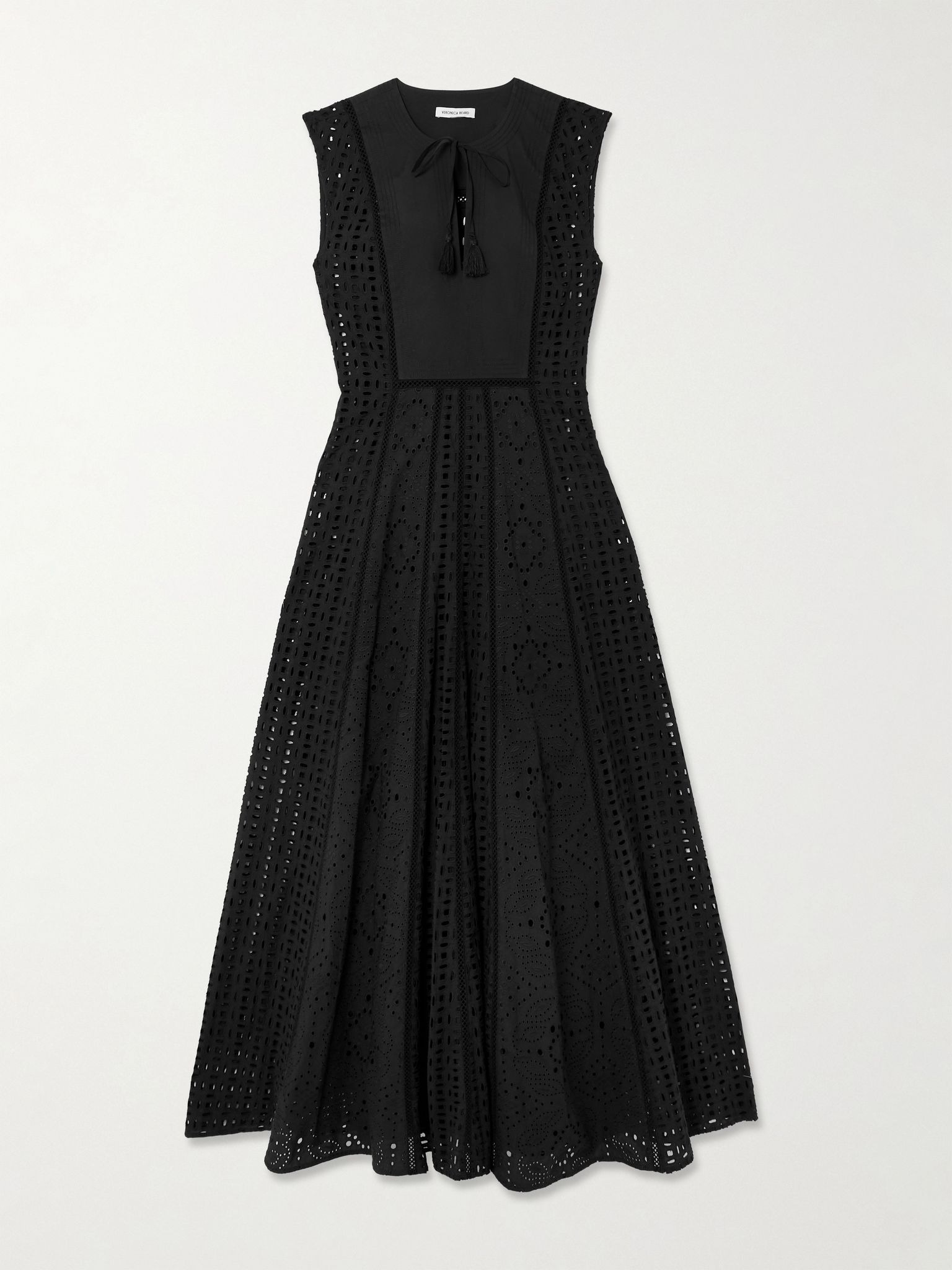 Alina tie-detailed tasseled broderie anglaise cotton maxi dress Black - 1