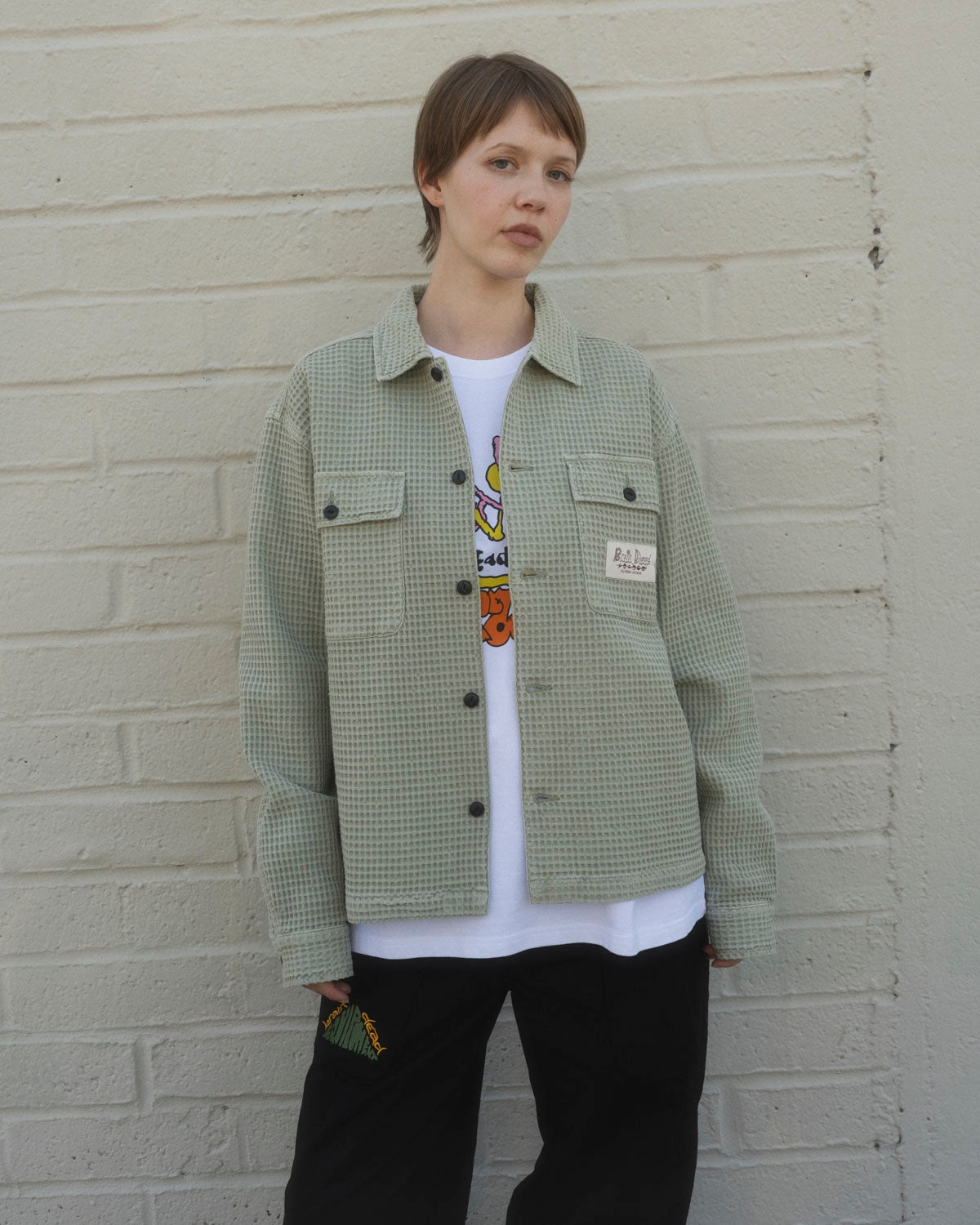 Waffle Button Front Shirt - Stone - 4