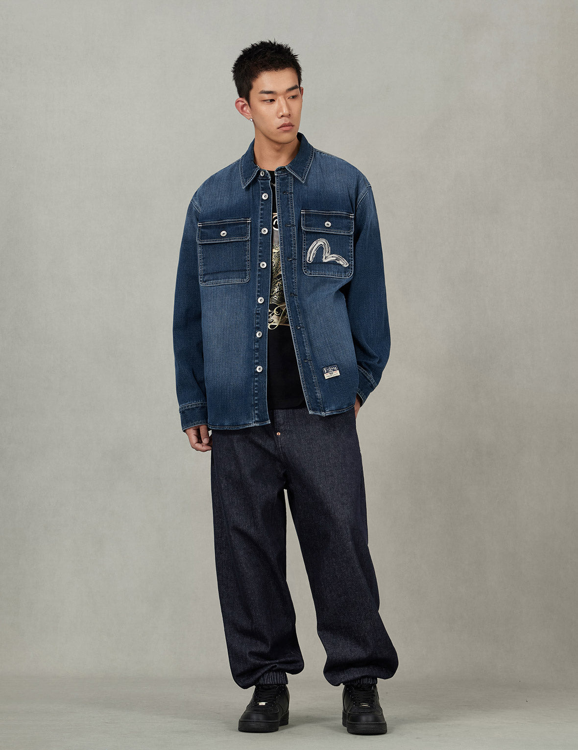 Washed Seagull Embroidery Regular Fit Denim Shirt - 5