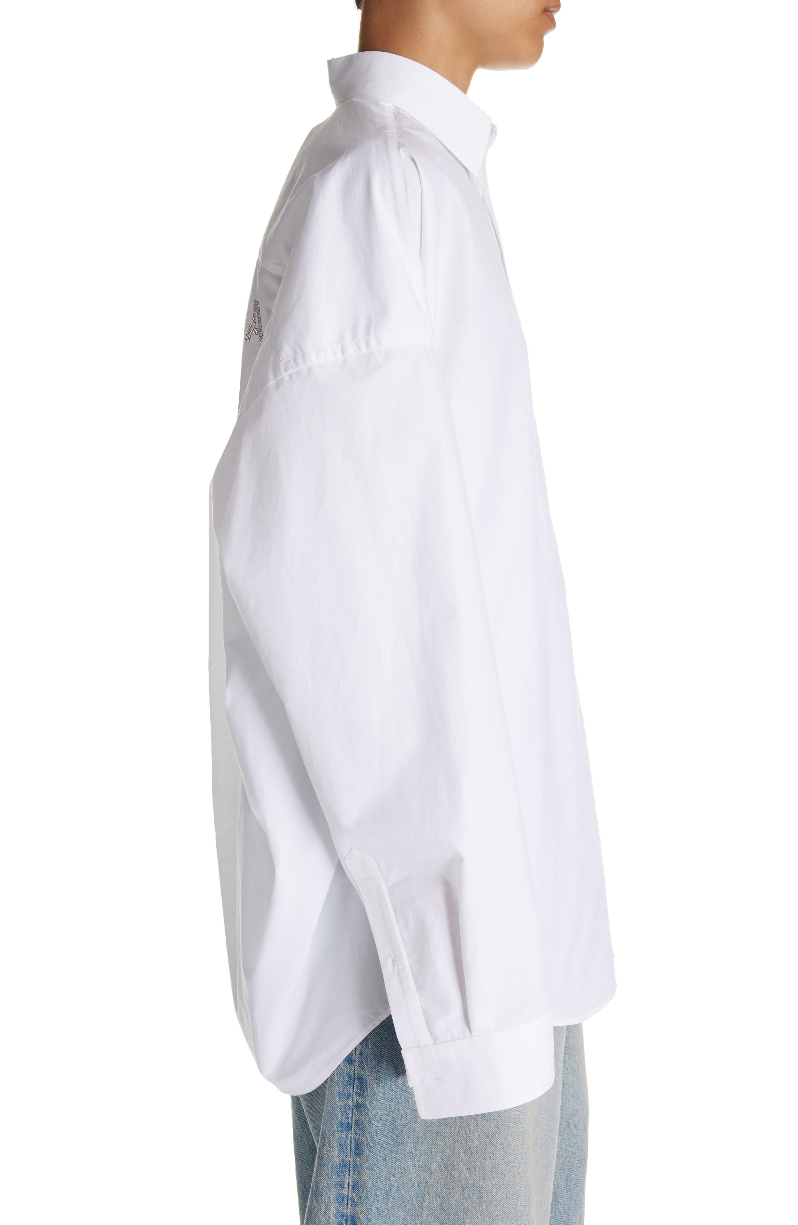 Oversize Crystal Logo Cotton Button-Up Cocoon Shirt - 3
