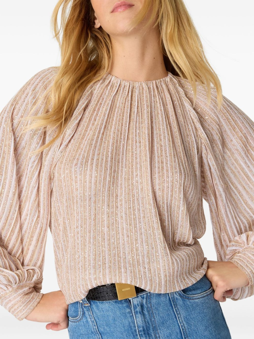 striped-pattern gathered-neckline blouse - 4