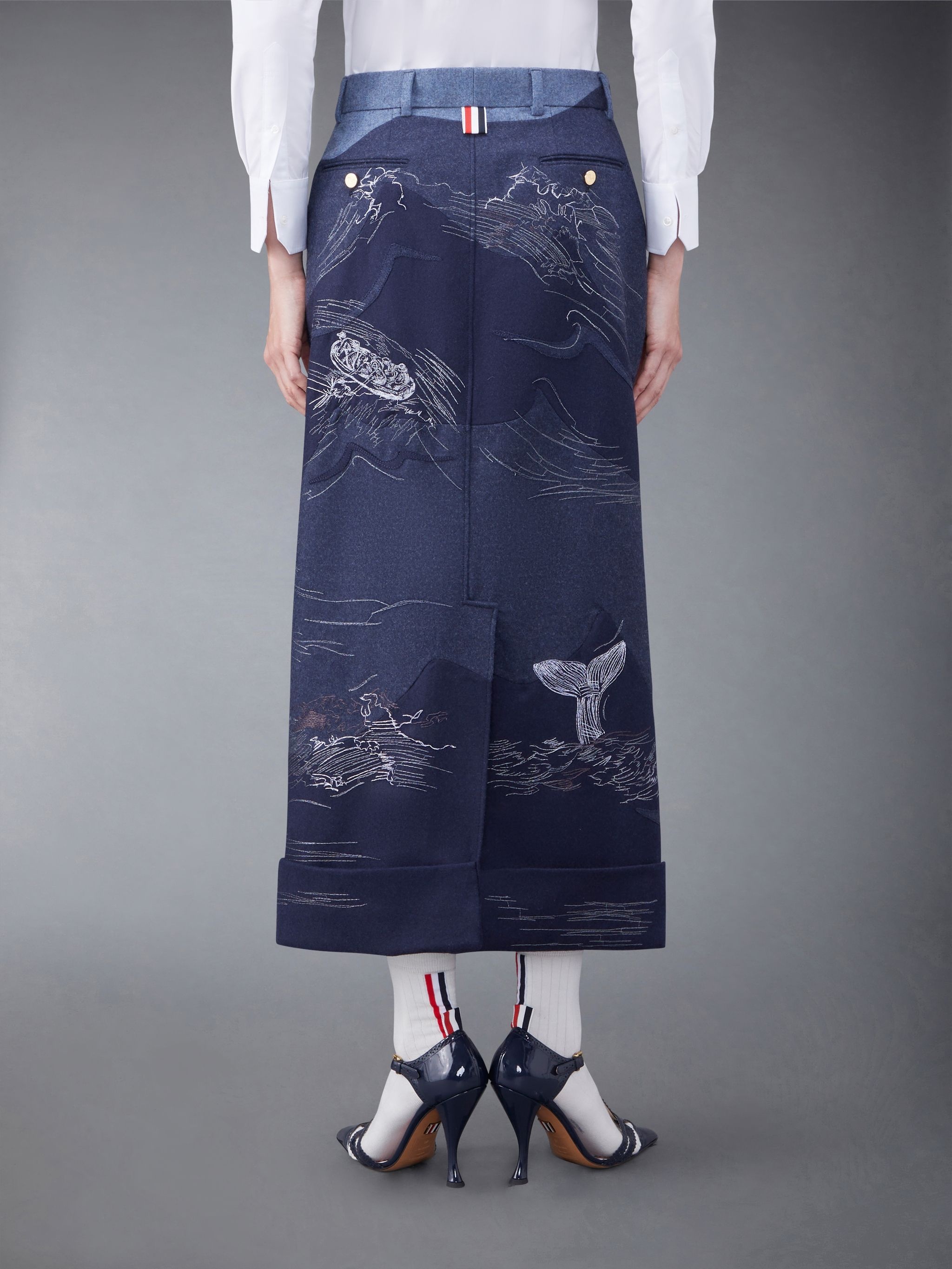 Wool Flannel Stitch Detail Calf Length Sack Skirt - 5