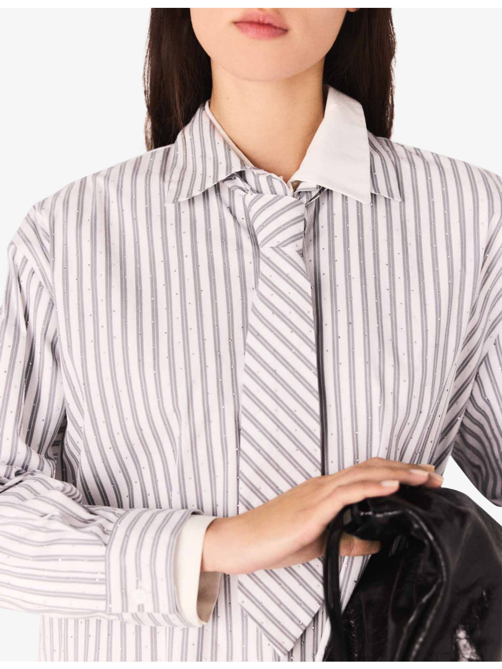 Rhinestone-Embellished Tie-Neck Stretch-Cotton Shirt - 5