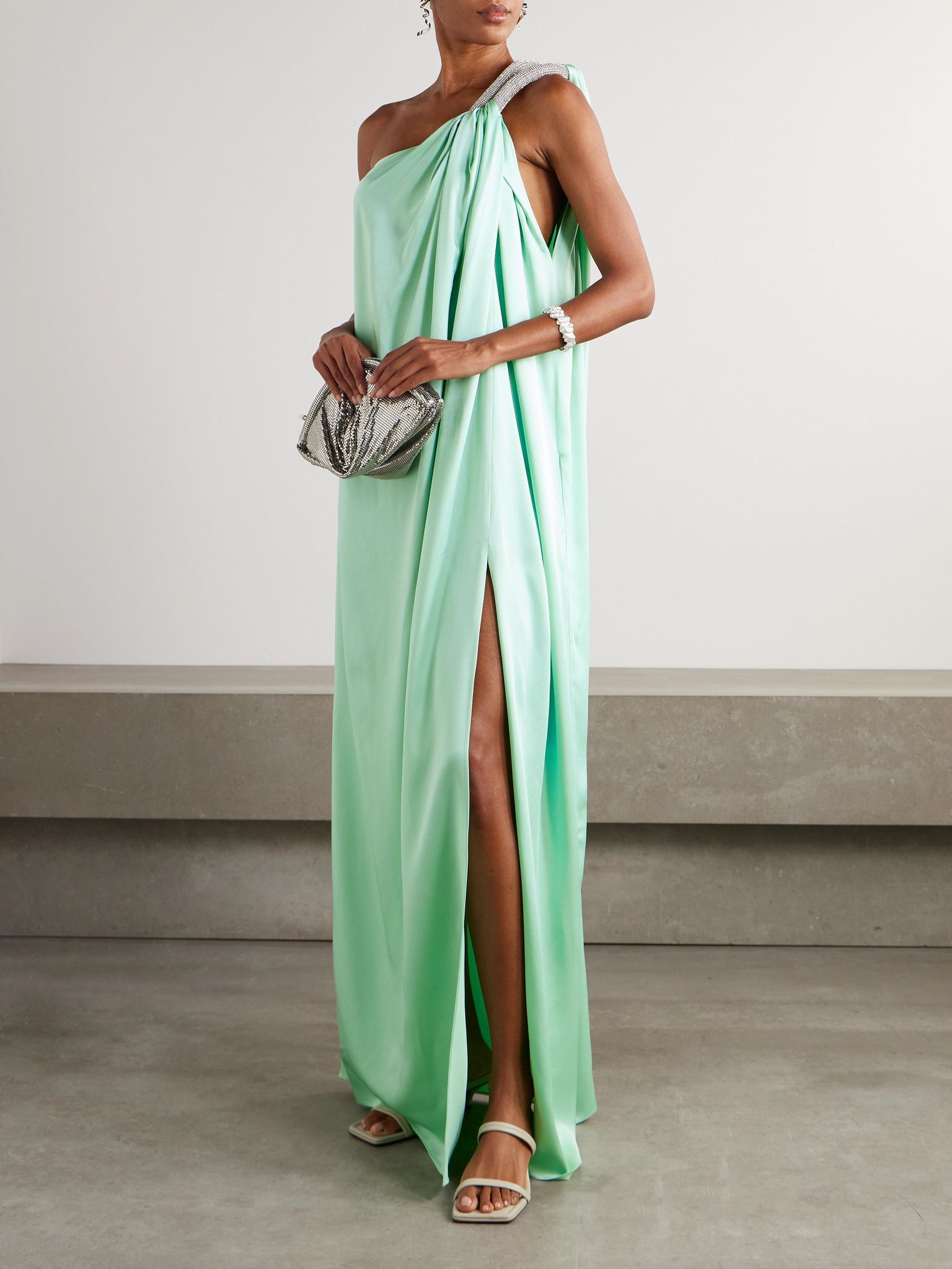Embellished draped satin gown Mint - 2