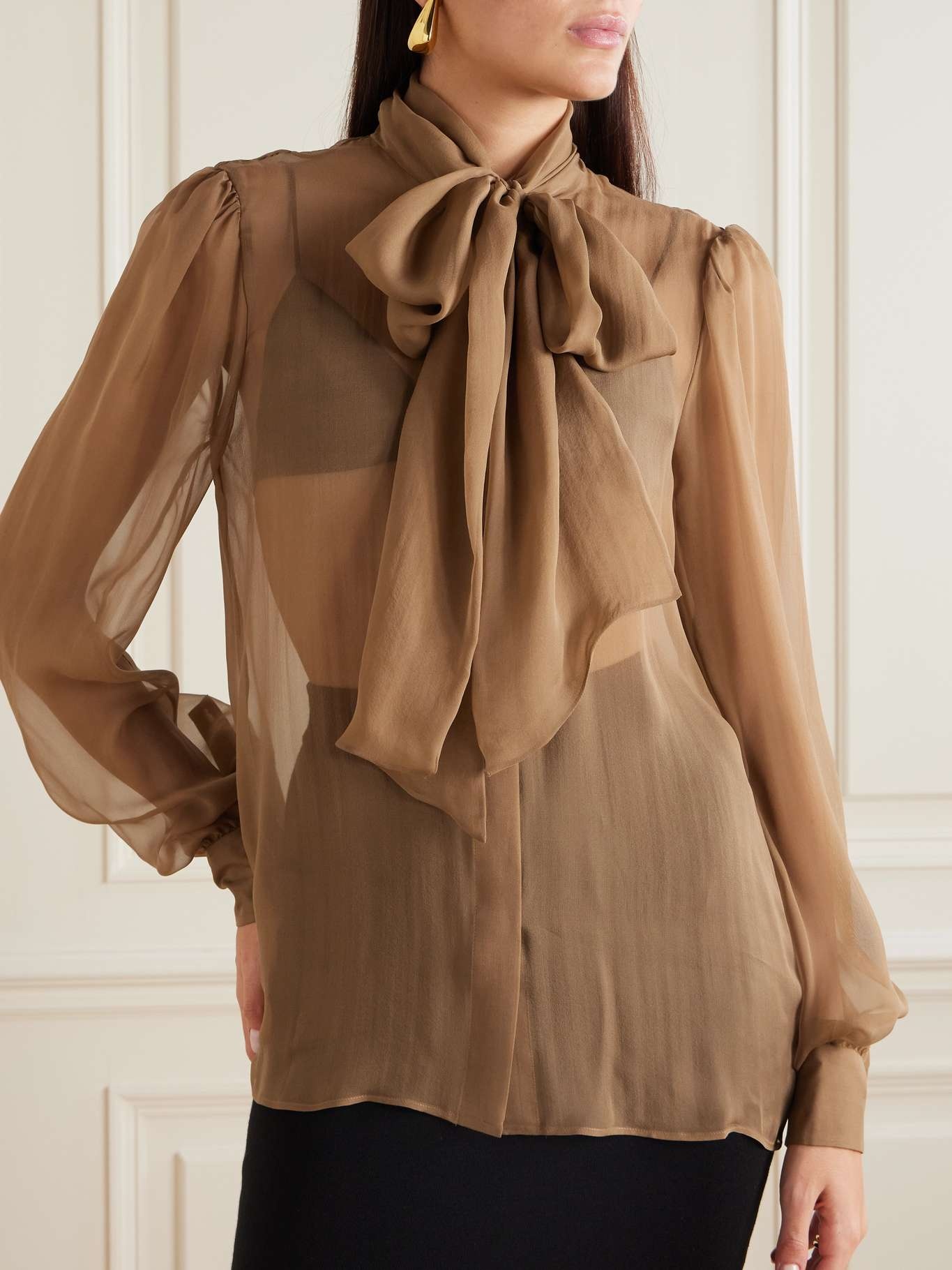 Pussy-bow silk-chiffon blouse Camel - 3