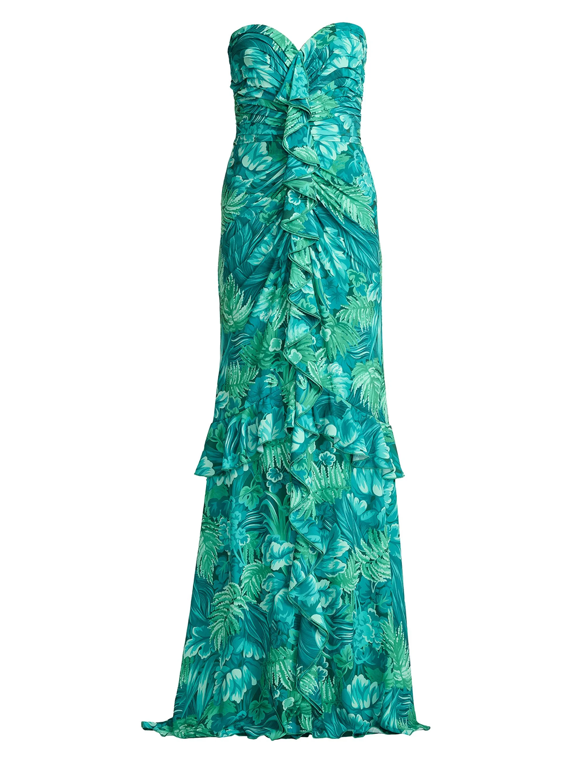 Women's Tropical Print Ruffled Strapless Gown - Emerald Green Multi - 1