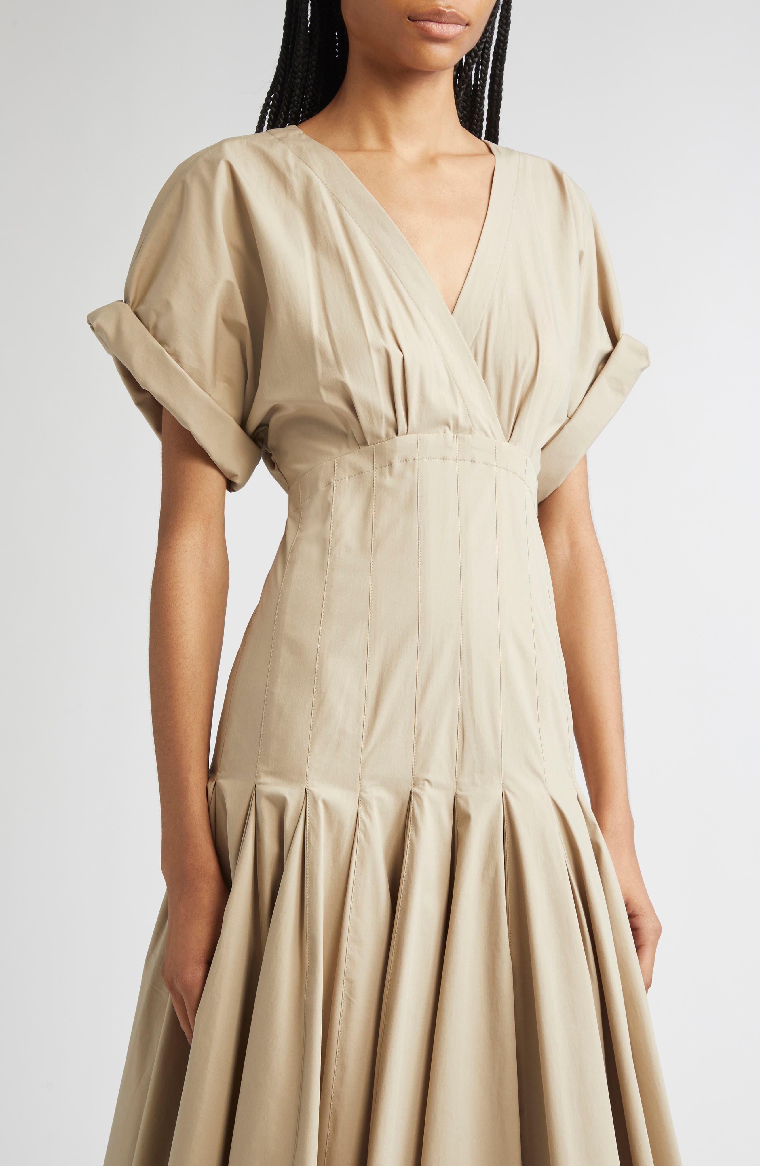 Proenza Schouler Ciara Pintuck Stretch Poplin Fit & Flare Midi Dress in Khaki at Nordstrom - 4