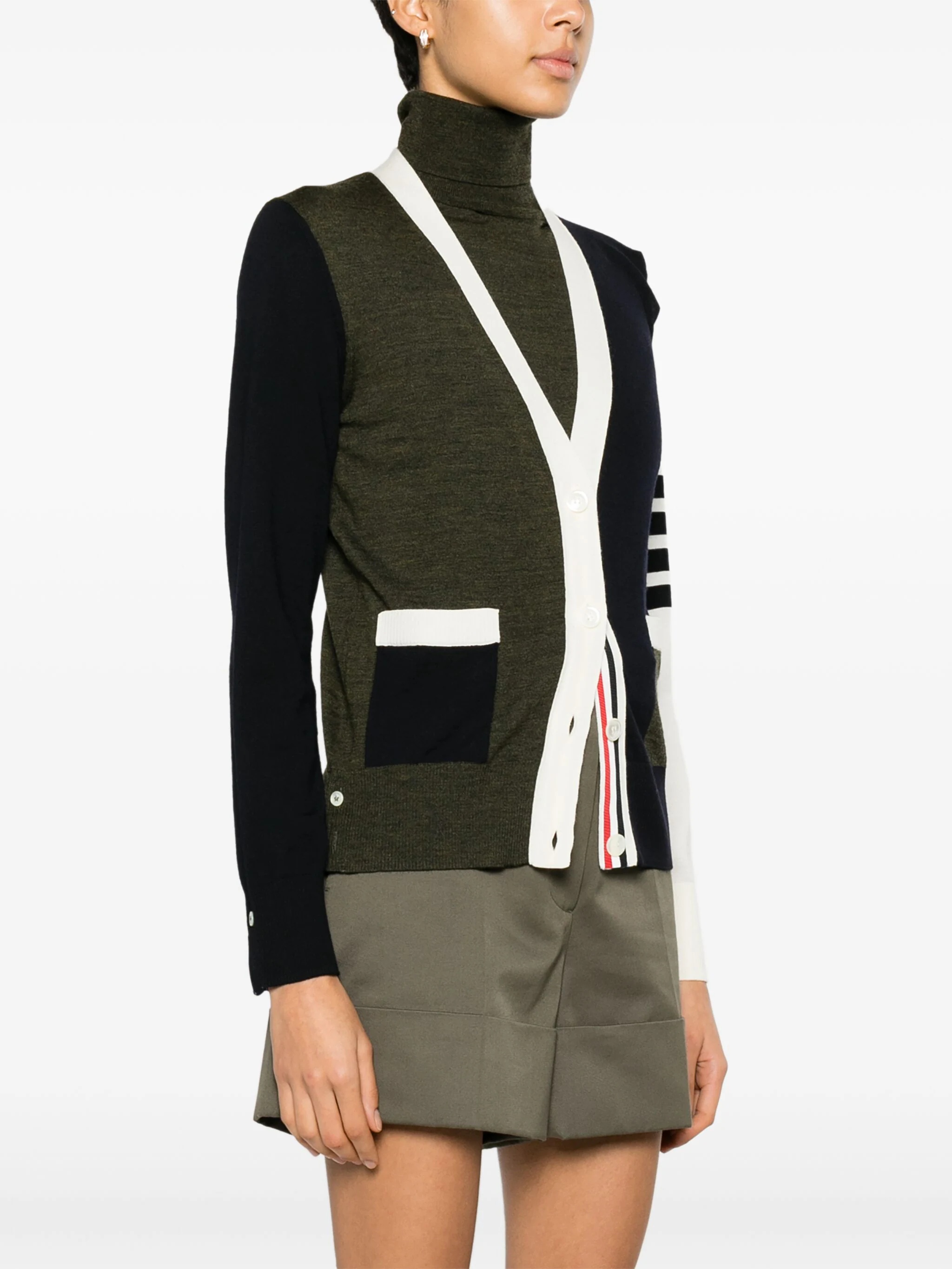 THOM BROWNE Women Fun Mix Relaxed Fit V Neck Cardigan In Fine Merino Wool W/4 Bar Stripe - 2