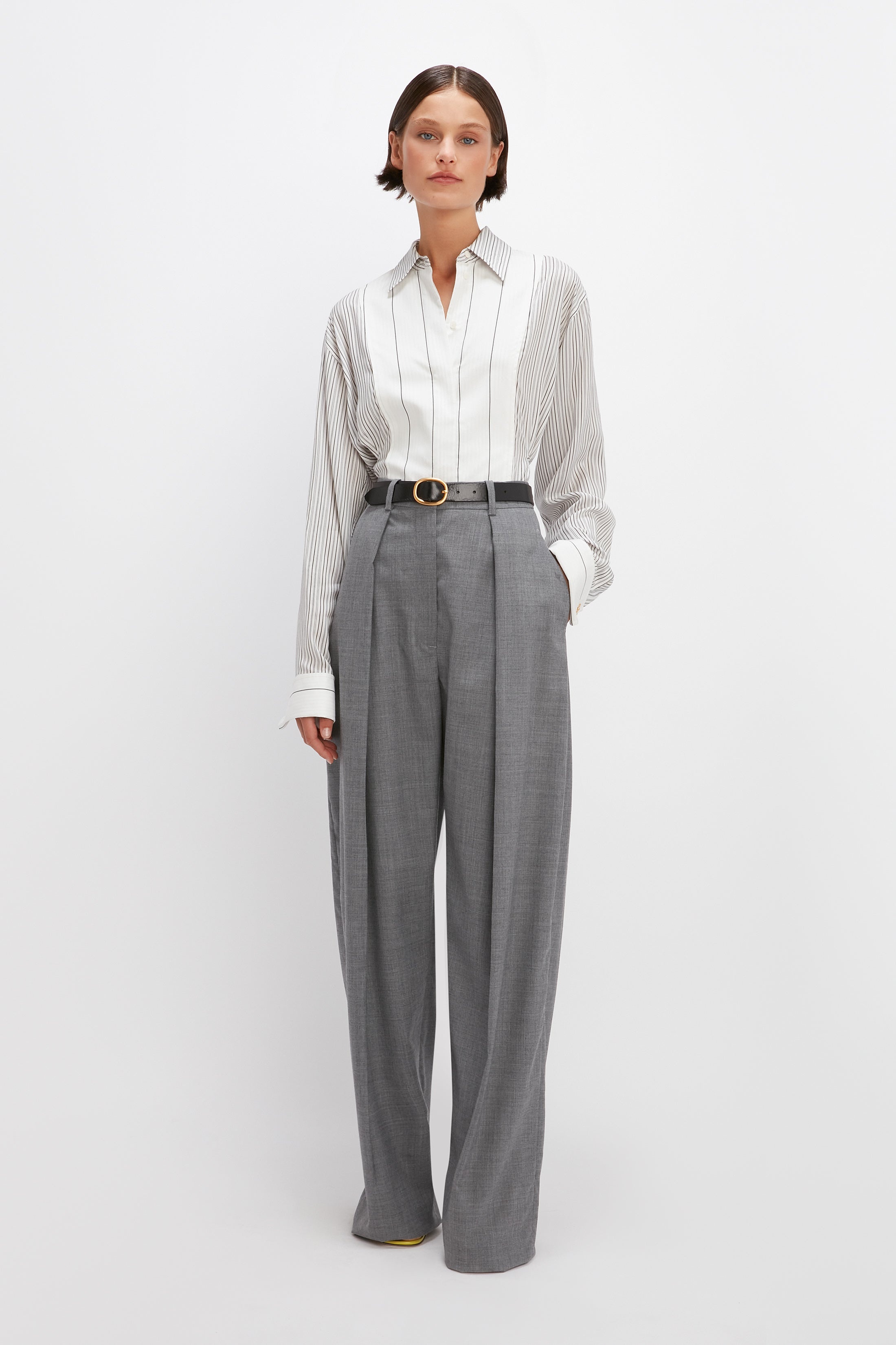 Wide Leg Pleated Trouser in Grey Melange - 3
