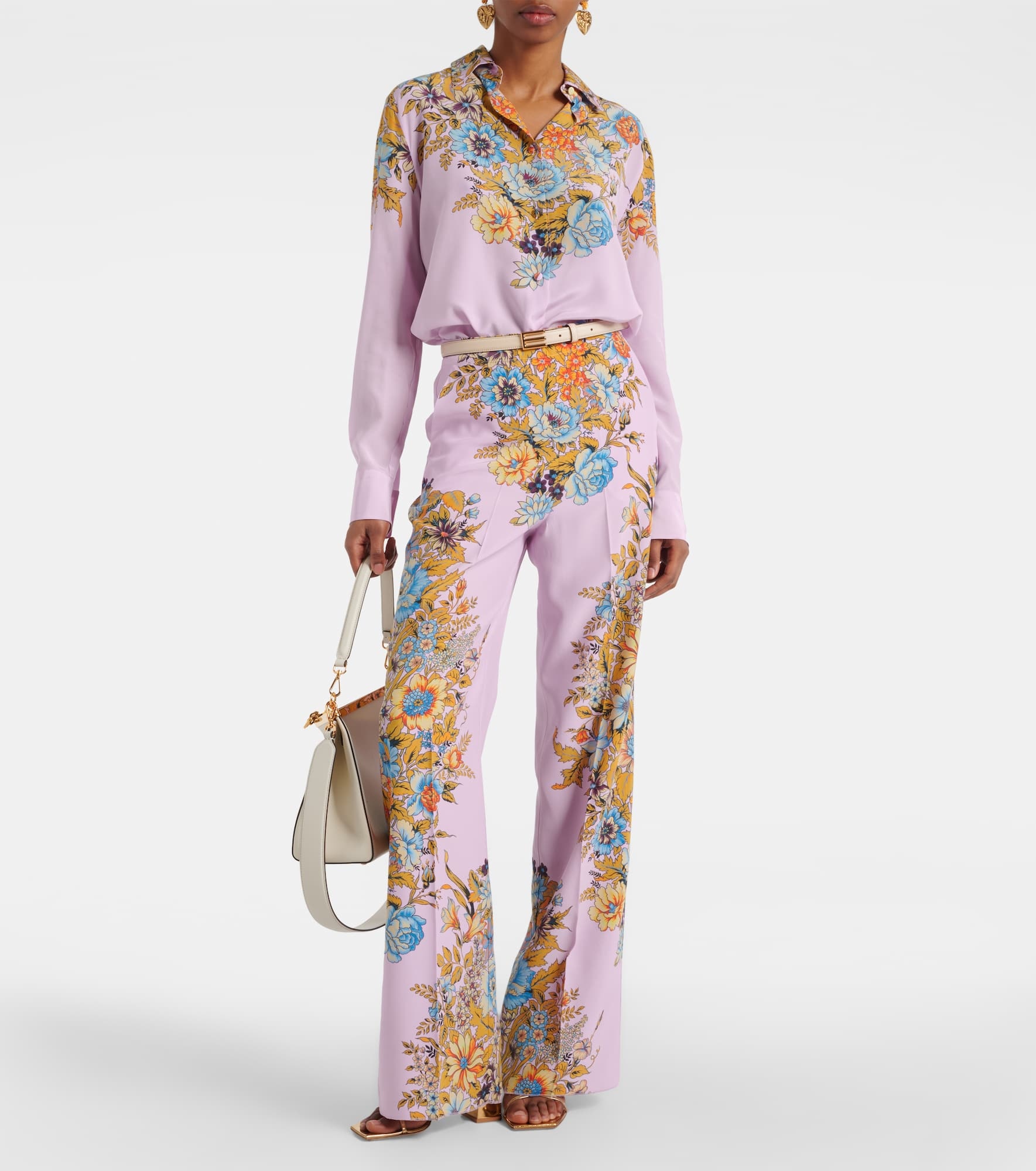 Floral high-rise silk wide-leg pants - 2
