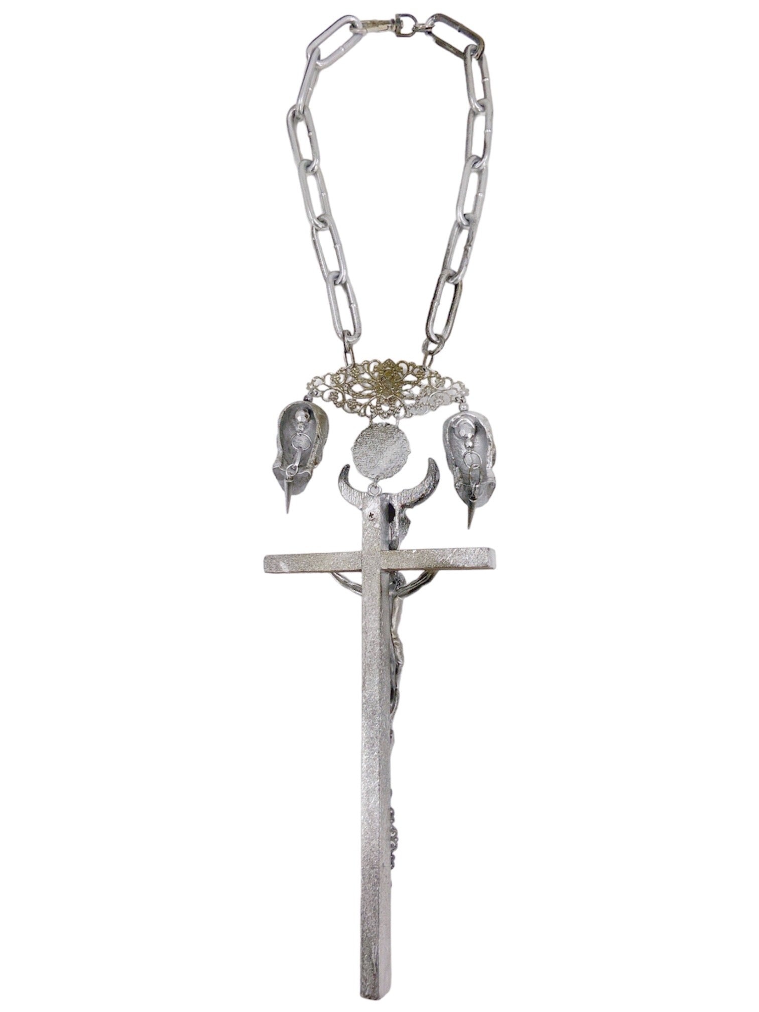 Jean Paul Gaultier 90S Sample 1/1 XXL Silver Crucifix Cross Bull Skull Spiked Chain Necklace - 7