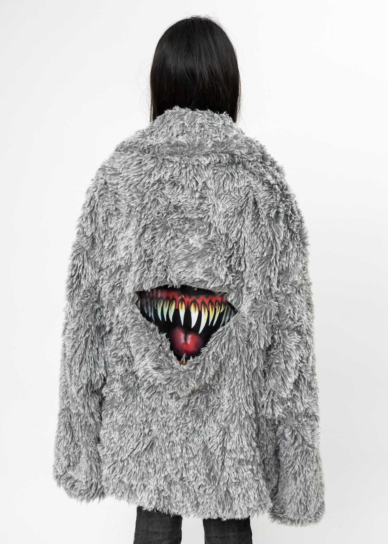 GREY DOUBLET SINISTER MOUTH FAUX FUR JACKET - 3