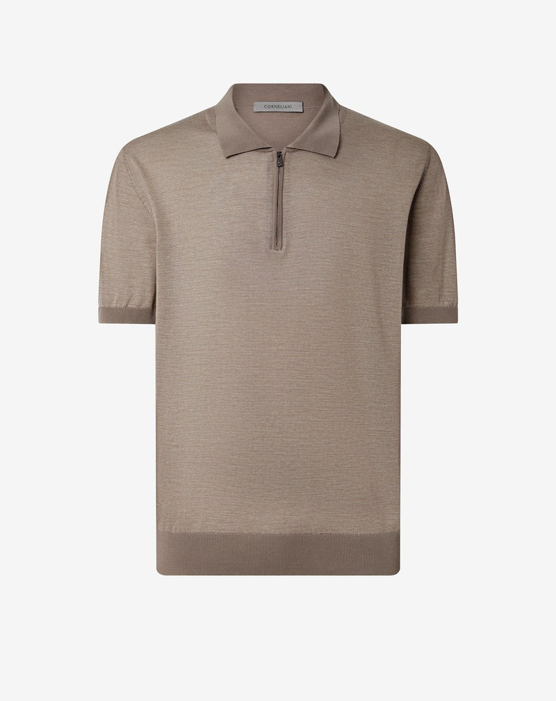 Ice cotton and silk polo shirt with nude/brown zip 1