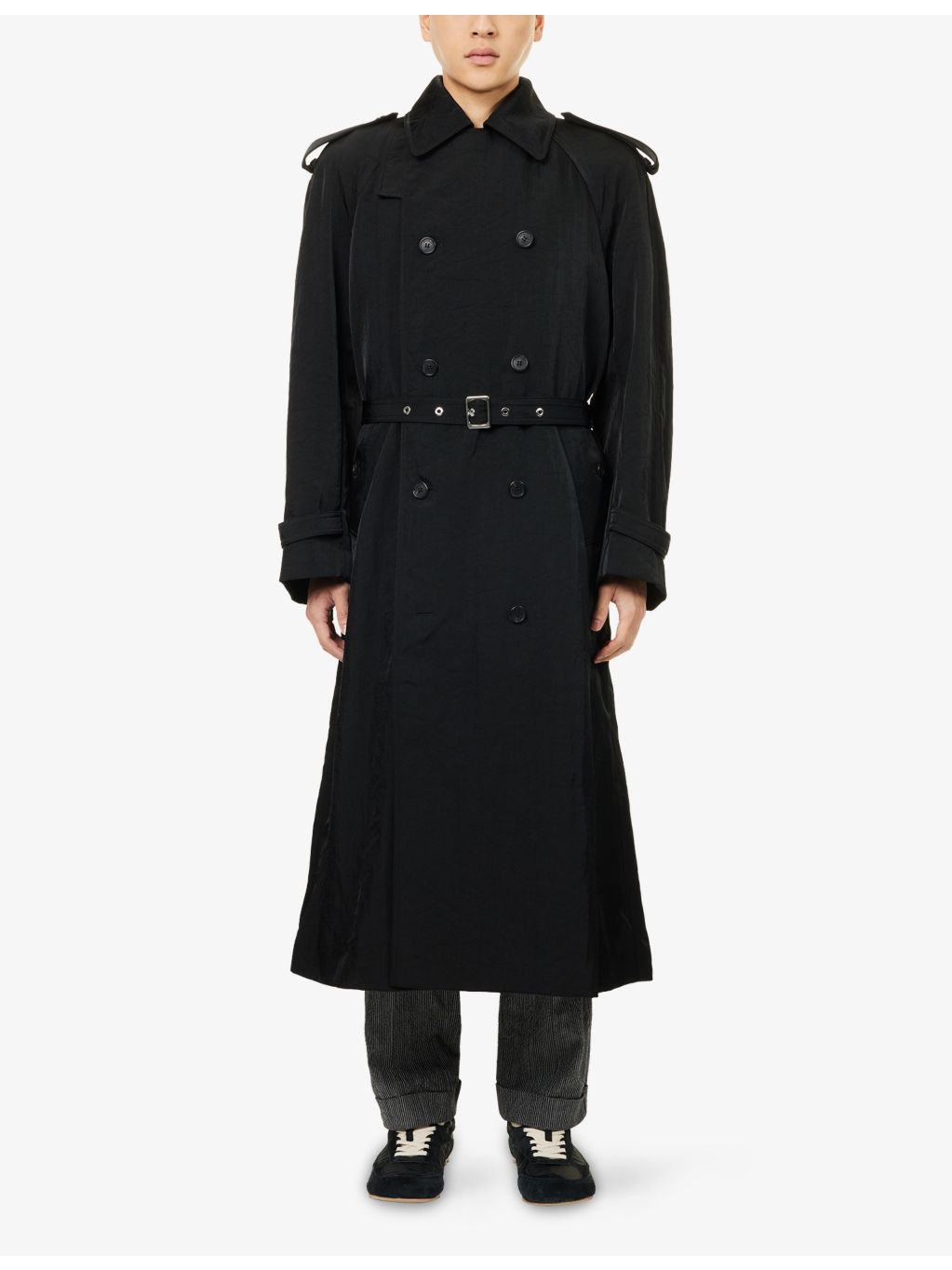Double-Breasted Belted Woven Trench Coat - 3
